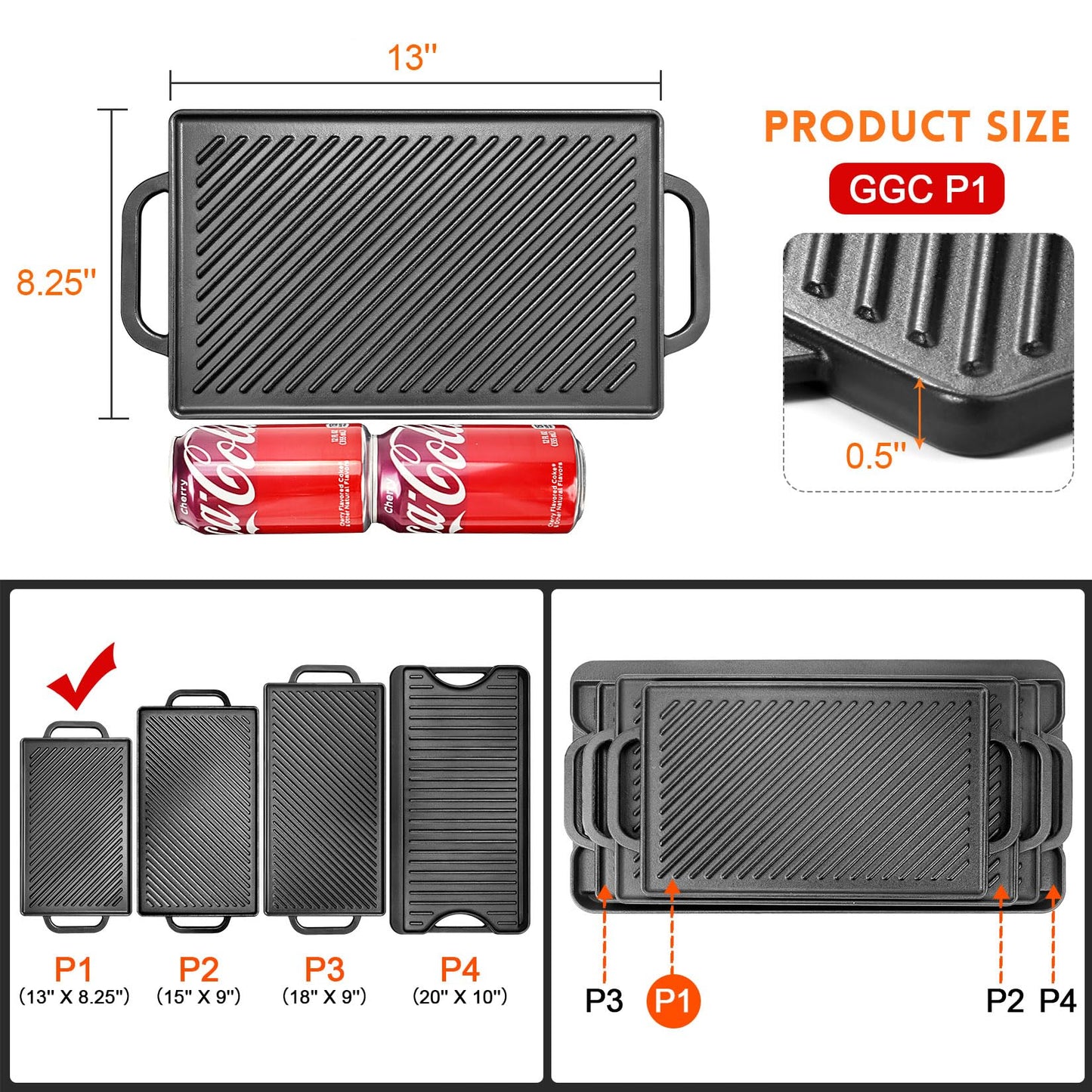 GGC Cast Iron Reversible Grill Griddle，Double Sided Grill Pan Perfect for Gas Grills and Stove Tops, 13 x 8.25 Rectangular Baking Flat and Ribbed Griddle Plate
