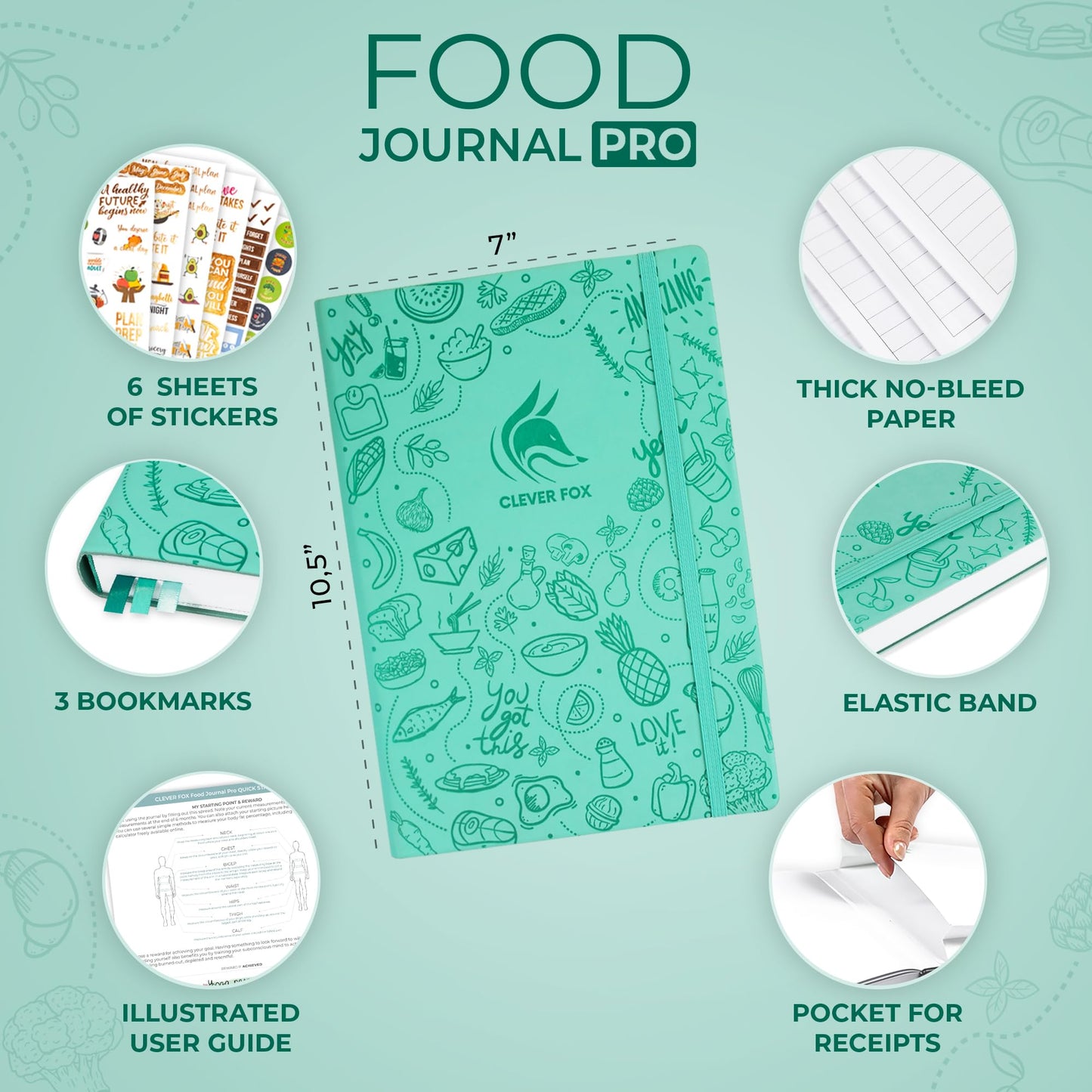 Clever Fox Food Journal Pro – Diet & Wellness Planner for Women & Men – Weight Loss Diary with Calorie Tracker – Food Log for Tracking Meals, Exercise & Weightloss - Undated, 7" x 10" Turquoise