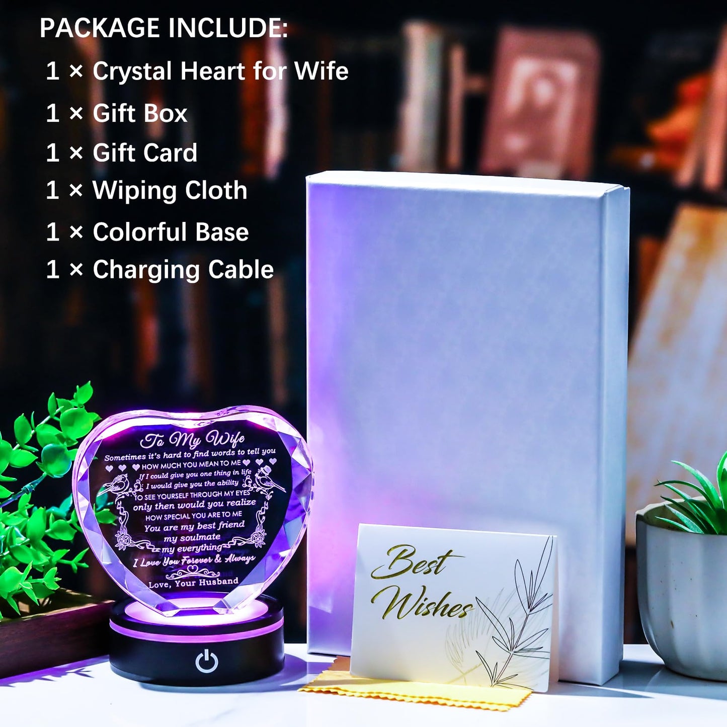 YWHL Gifts for Wife with Colorful LED Base Romantic Wedding Anniversary I Love You Gifts for Her Best Wife Birthday Gift Ideas to My Wife Crystal Keepsakes Presents from Husband