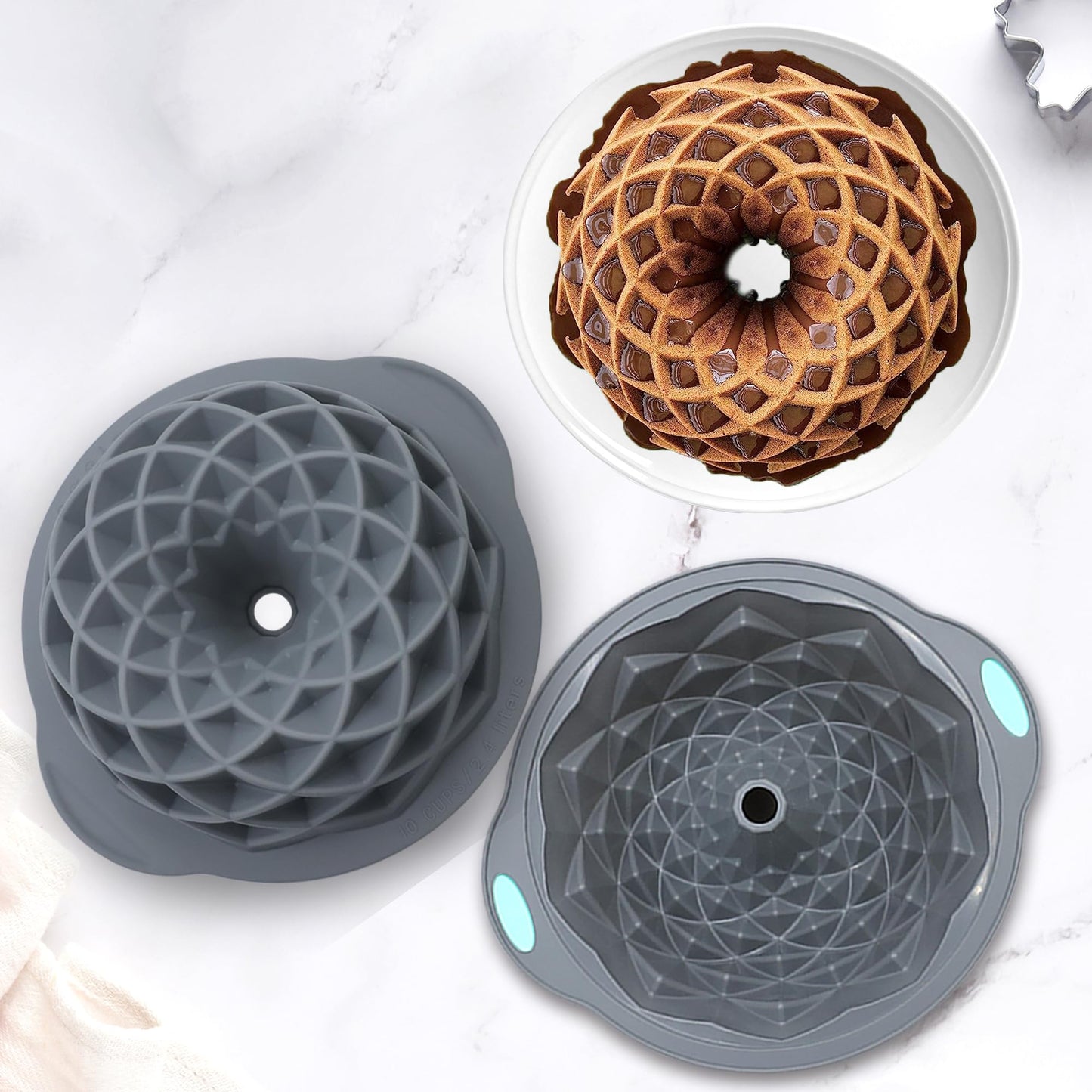 Tongjude 4 Pieces Silicone Fluted Cake Pans, 9/10/12 Cups Tube Baking Pan, Silicone Molds for Homemade Cake, Bread and Jello, Non-Stick, Grey