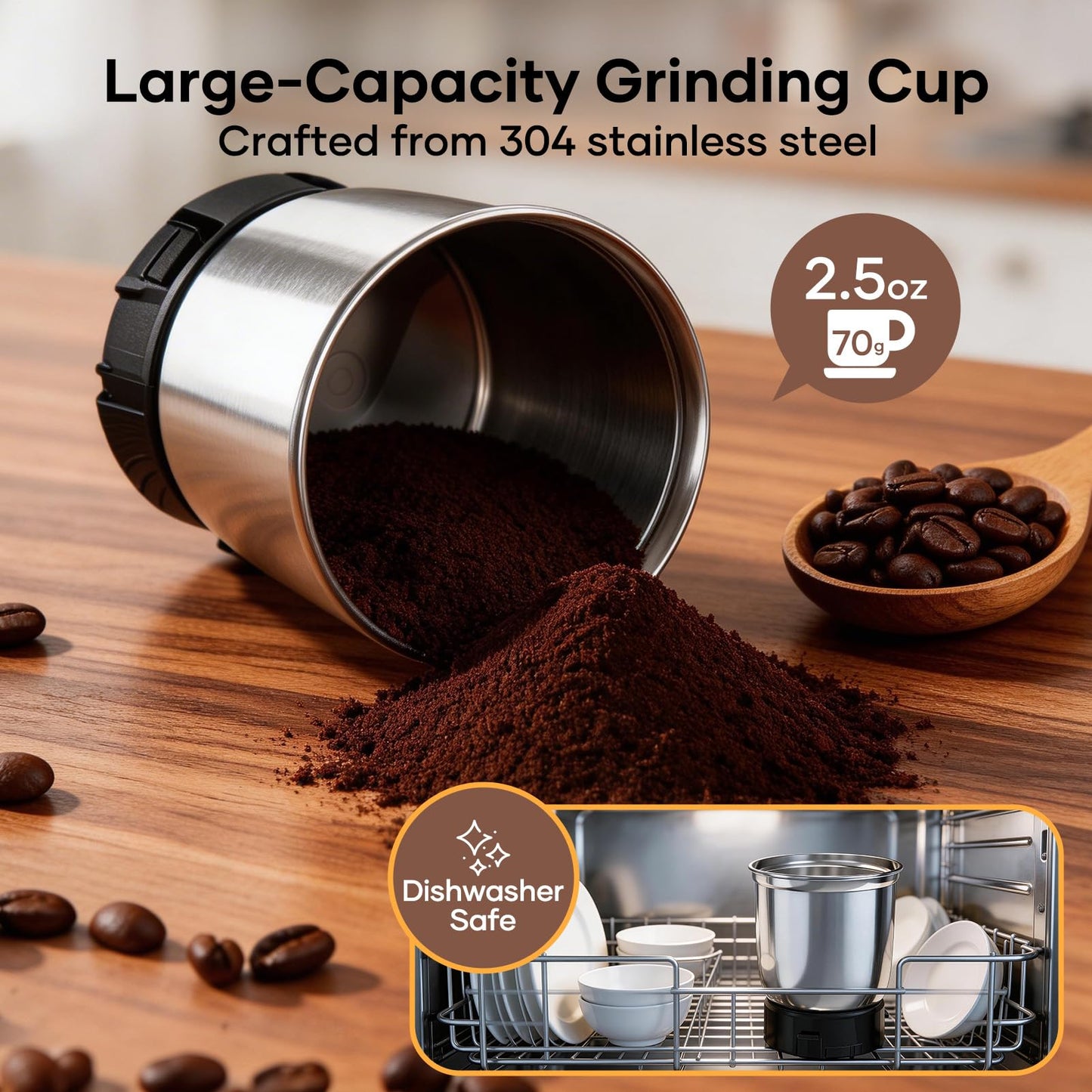 Spacefrog Coffee Bean Grinder Electric with Adjustable Coarse to Fine Smart Digital Timer, Low Noise, Sealed Safety Lid, 1x Removable Stainless Steel Cup & Anti-Vibration Base for Bean, Spices, Herbs