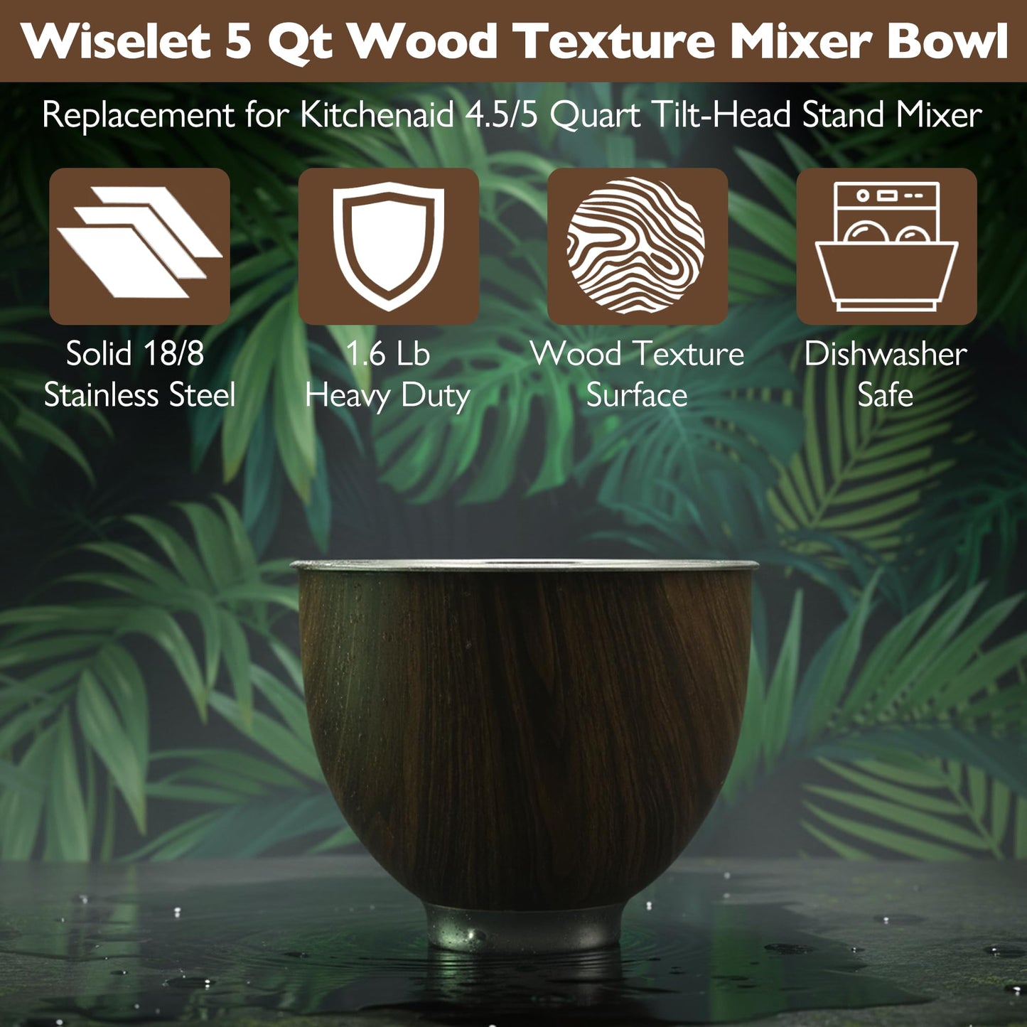 Stainless Steel 5 Quart Mixer Bowl for Kitchenaid Classic&Artisan Tilt Head Stand Mixer, Wood Texture, Fit for K45, KSM75, KSM90, KSM150, Heavy Duty, Dishwasher Safe