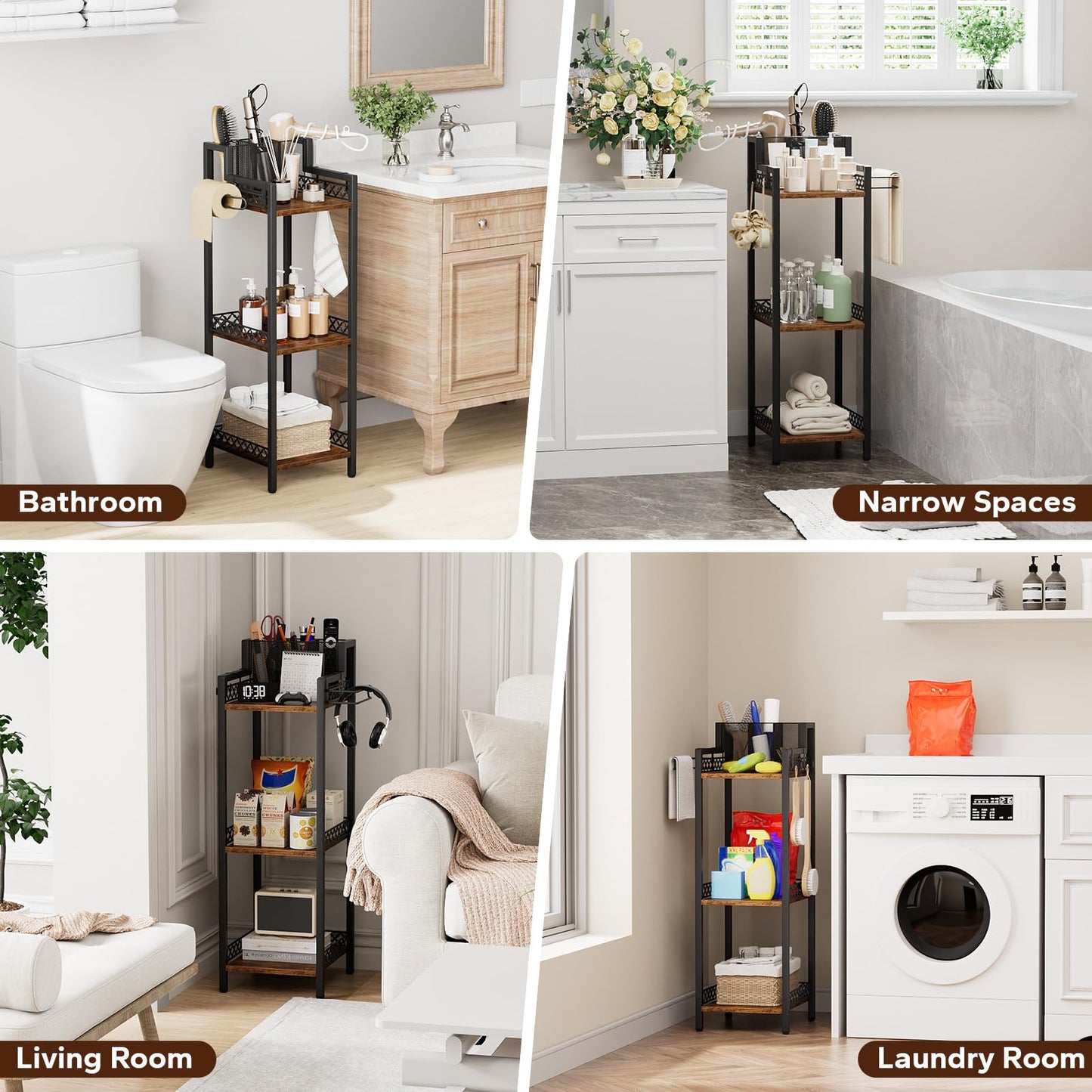 FURFUN Bathroom Storage and Organizer Shelf Hair Dryer Holder, 9.85in 3-Tier Narrow Metal Standing Rack with Toilet Paper Holder, Corner Stand for Cosmetic, Vanity, Kitchen, Laundry Rustic Brown