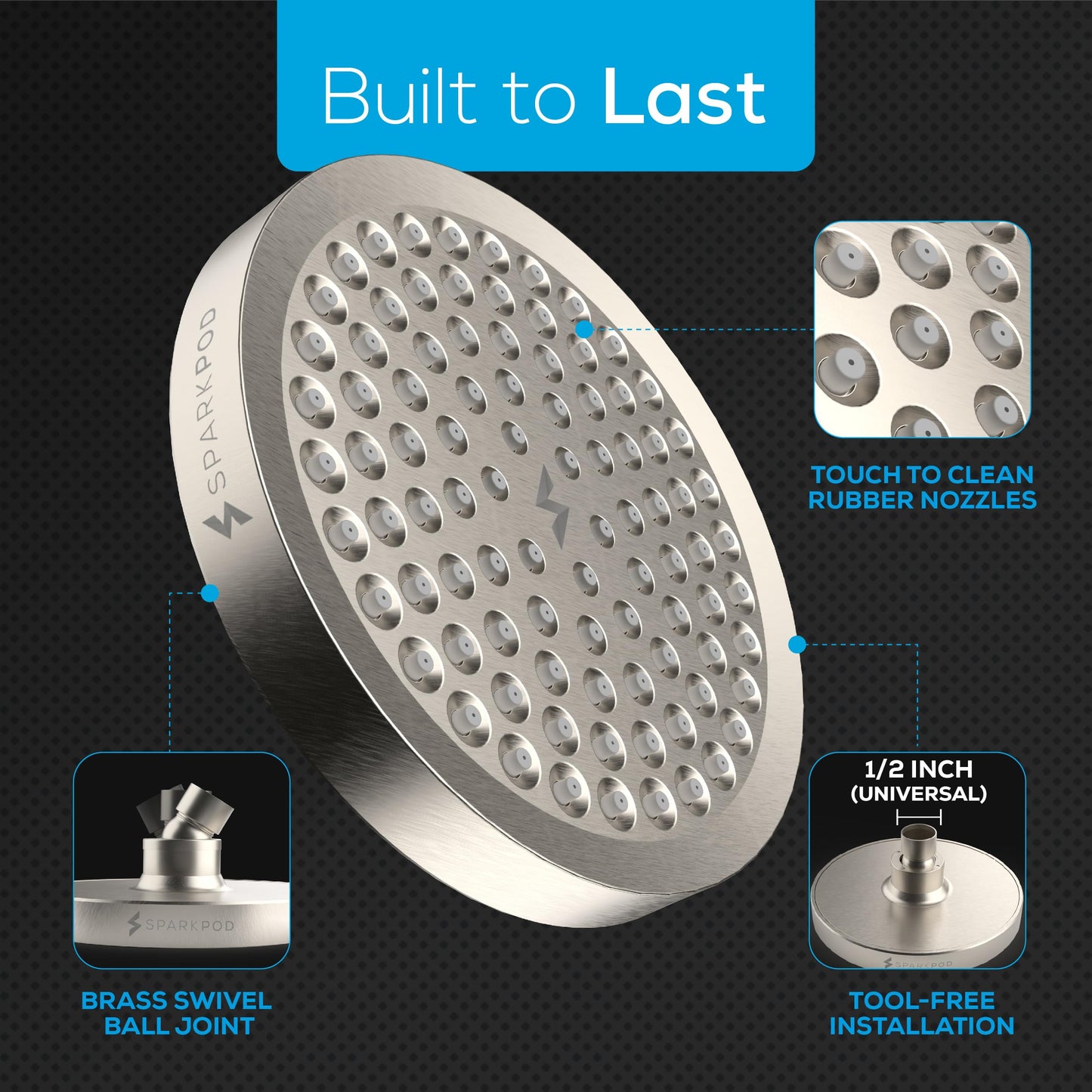 SparkPod Shower Head - High Pressure Rain - Premium Quality Luxury Design - Easy Clean Adjustable Replacement for Your Bathroom Shower Heads (Elegant Brushed Nickel, 6 Inch Round)