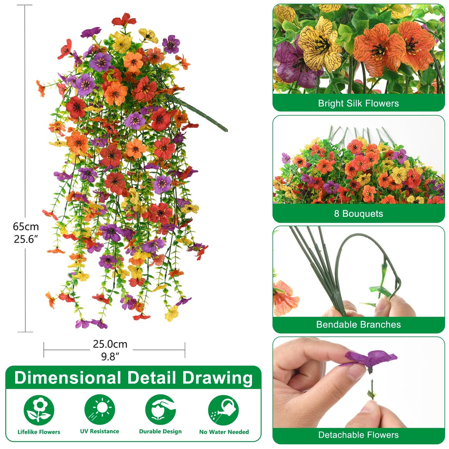 Homsunny Artificial Hanging Flowers for Outdoor, 8PCS Fake Flowers Faux Silk Daisy with Eucalyptus Leaves, UV Resistant Aritificial Outdoor Flowers for Spring Home Patio Balcony Yard Porch Decor