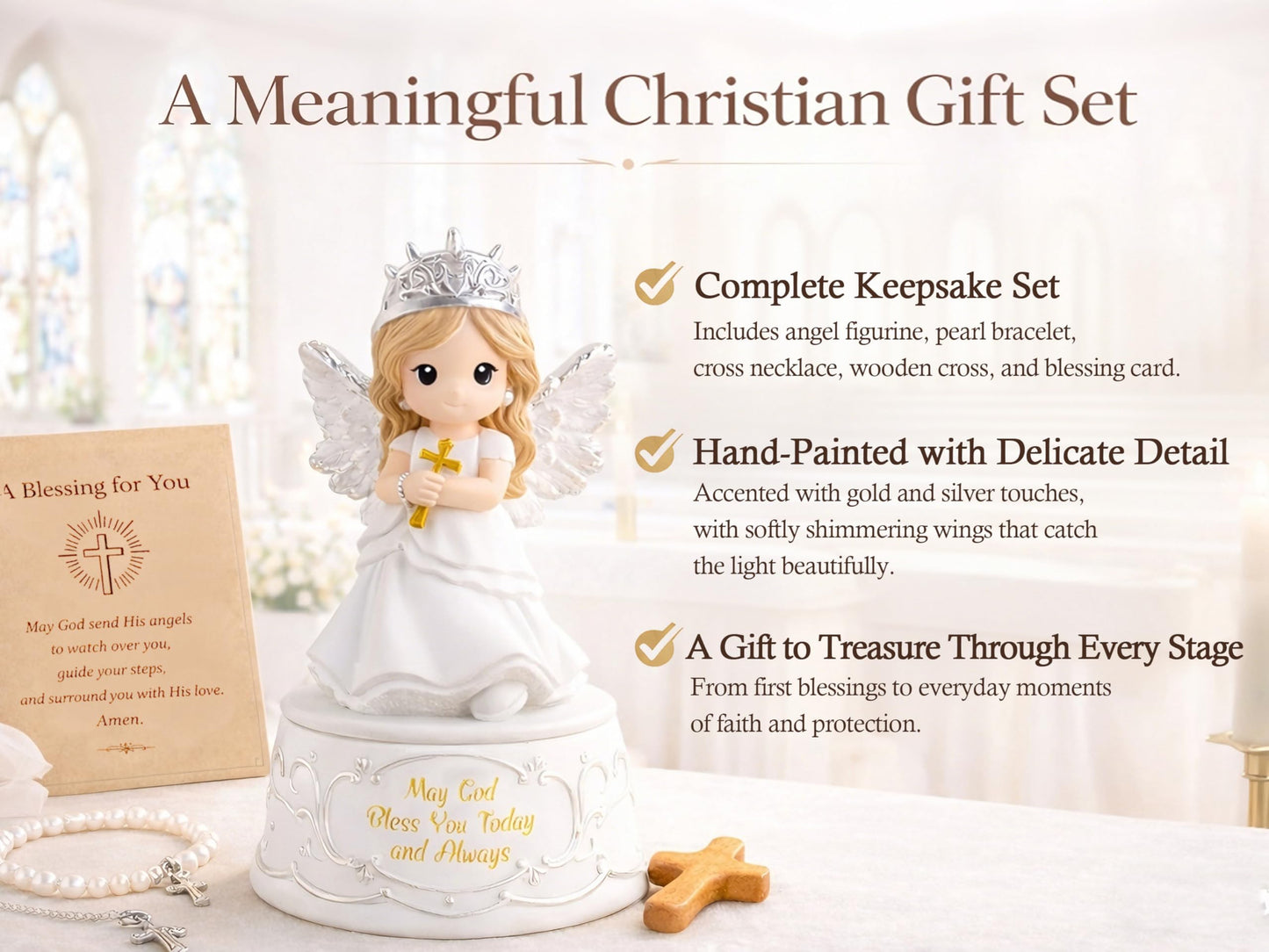 Gleemoria First Communion Gifts for Girls – Baptism & Confirmation Gifts for Teen Girls, Angel Figurine with Keepsake Box, Cross Necklace for Girls & Adjustable Bracelet & Wood Cross