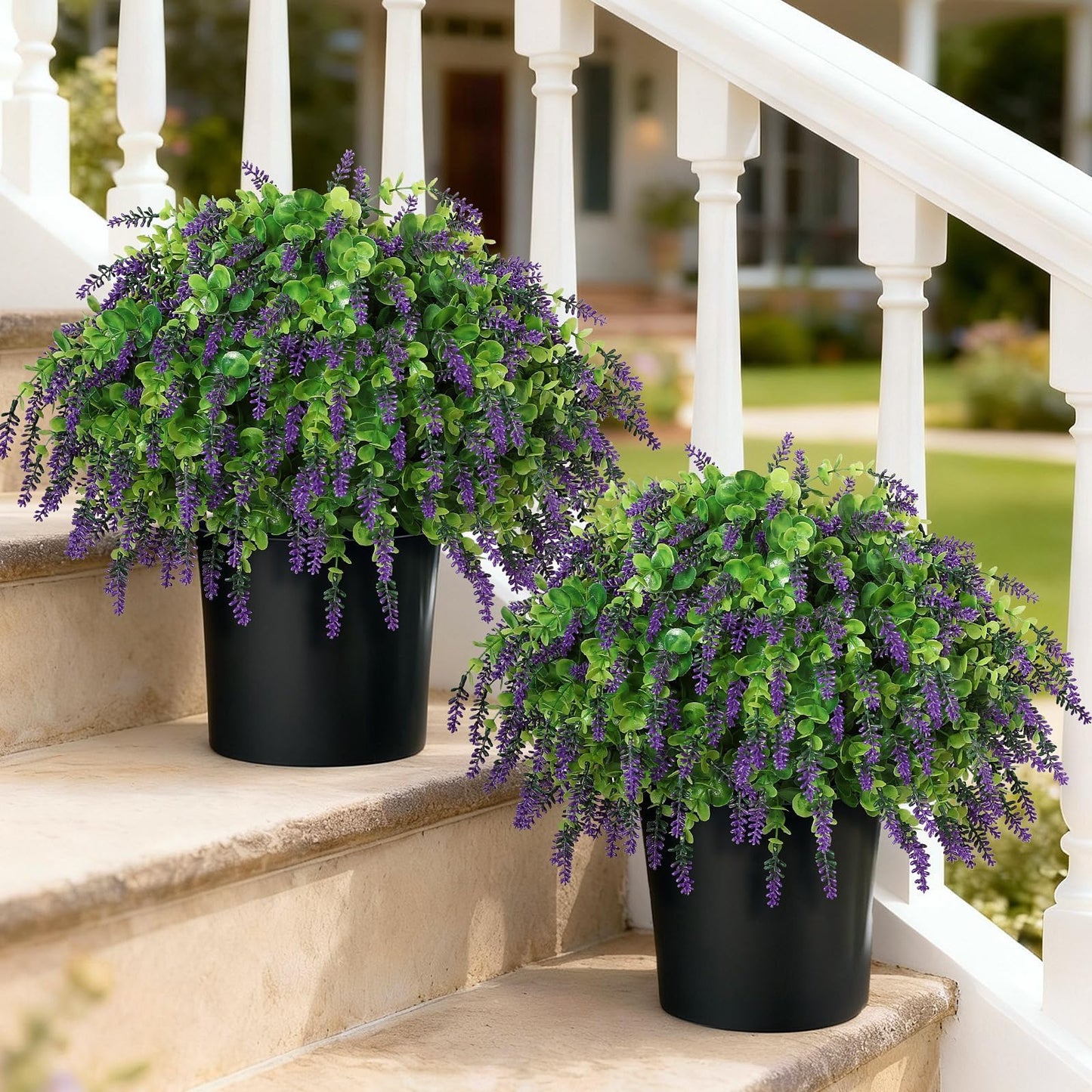 Artificial Eucalyptus & Lavender Topiary Ball Tree for Front Door - Set of 2 Topiary Trees with Pots, UV Resistant Faux Bushes Potted Plants for Porch Garden Farmhouse Outdoor Decoration