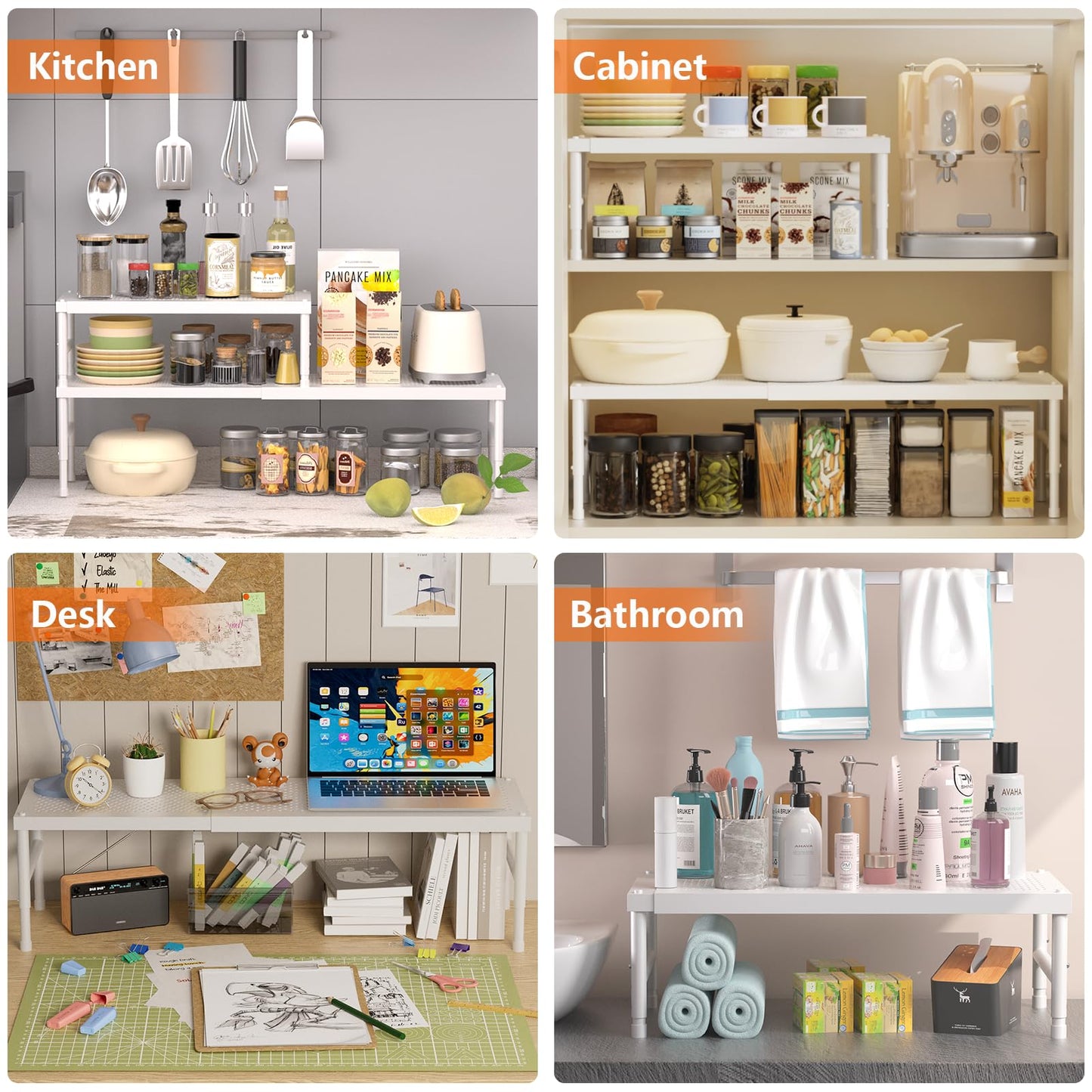 HI NINGER Expandable adjustable stackable kitchen organizer,Spice Racks,Counter Shelf for Cabinets,Small Cupboard Organizers,Heavy Duty Metal Pantry Storage Shelves Racks for kitchen,cabinet
