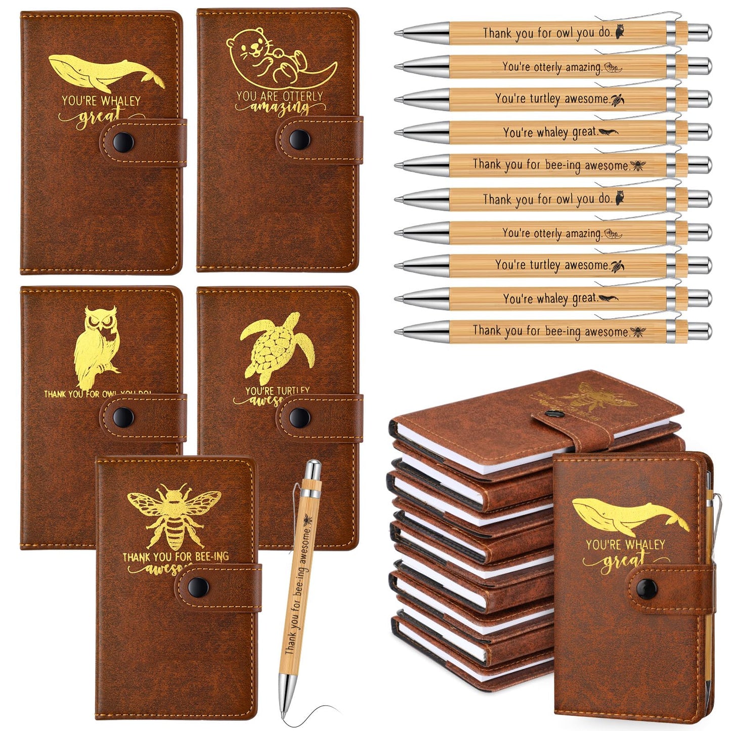 Tenceur 20 Set Employee Appreciation Gift for Men Animal Pun Note Leather Journal Fathers Day Inspirational Notebook A6 Notepads with Bamboo Pen Coworker Office Staff Teacher Thank You Gift, Brown