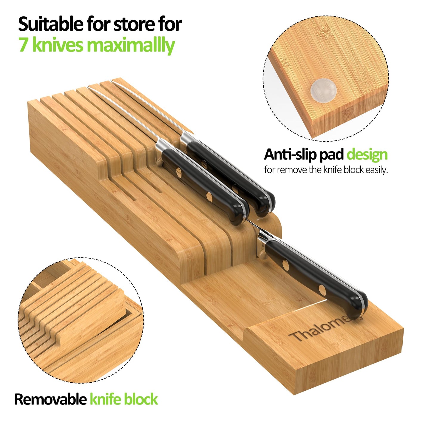 Thalomely Bamboo Kitchen Drawer Organizer, Expandable Silverware Organizer with Removable Knife Block, 6-8 Slots- Utensil Holder & Cutlery Tray Drawer Dividers, 2.36" Deep for Extra Capacity, Natural