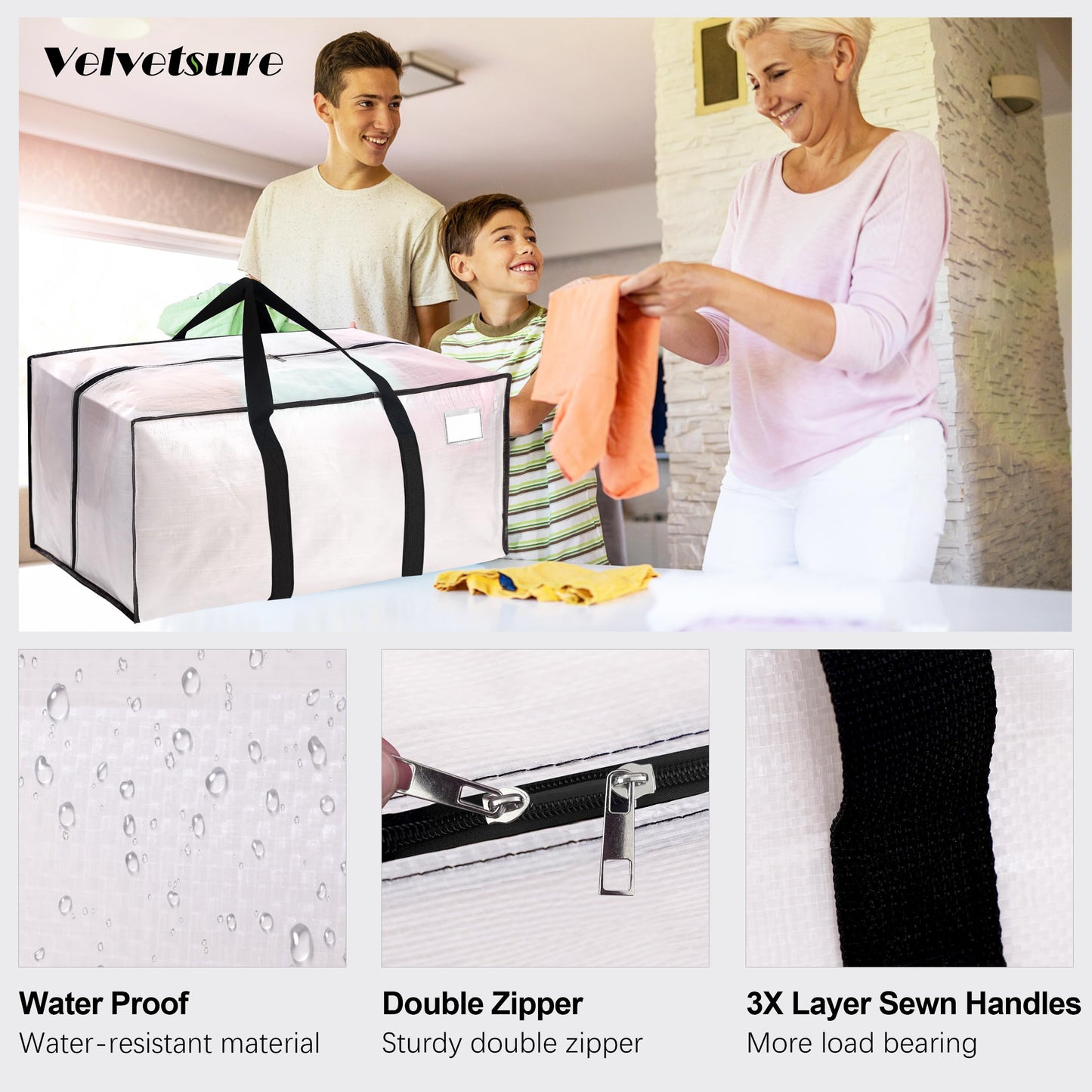 VELVETSURE 6 Pack Heavy Duty Large Moving Bags W/Backpack Straps - Strong Handles & Zippers, Storage Totes For Space Saving, Fold Flat, Alternative to Moving Box and Storage Bin, Semi-Transparent