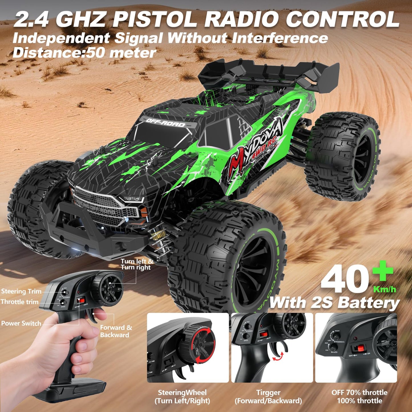 1:14 Scale Fast RC Cars for Adults, 40+KPH High Speed Remote Control Car RC Truggy, 4x4 Off-Road Remote Control Truck, All Terrain Waterproof Electric Car for Snow, Sand, Beach with 2 x 2S Batteries