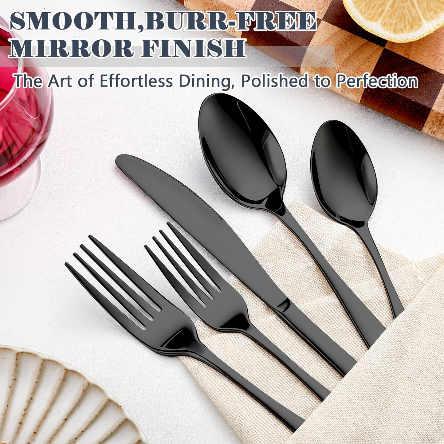 BEWOS 49-Piece Black Silverware Set with Organizer - Stainless Steel Silverware Set for 8 with Steak Knives and Drawer Organizer, Mirror Polished Flatware Set for Home and Restaurant, Dishwasher Safe