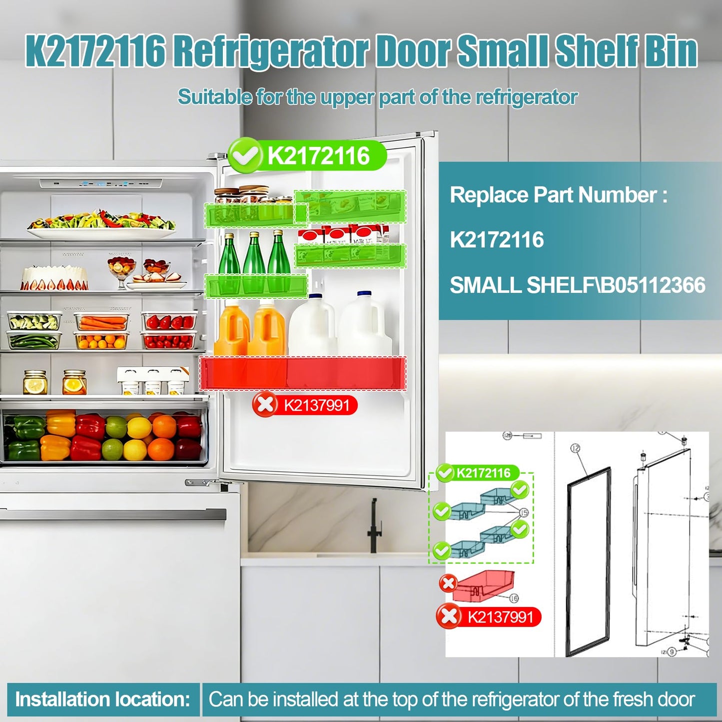 K2172116 Refrigerator Upper Door Bin Shelf 16 in Compatible with Hisense Refrigerator Door Bin HRB171N6ASE, HRB171N6BSE, HRB171N6AWE, HRB171N6ABE, MRB172N6AWE, RB17A2CWE. Part No: B05112366. 1-Year.