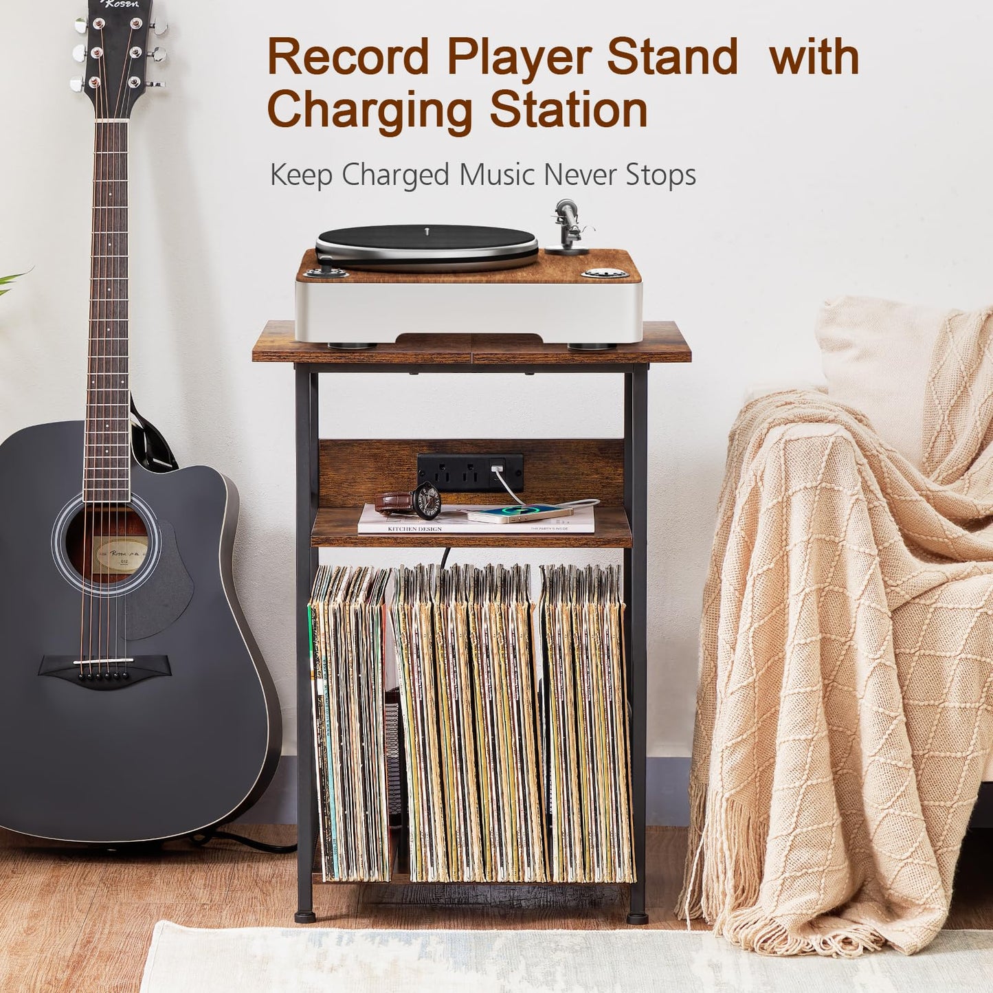AMHANCIBLE Record Player Stand with Charging Station, Large Turntable Stand with Storage Cabinet, 3 Tier End Table Hold Up to 100 Albums, Record Stand for Vinyl, Living Room, Brown, HETCD012BR-1