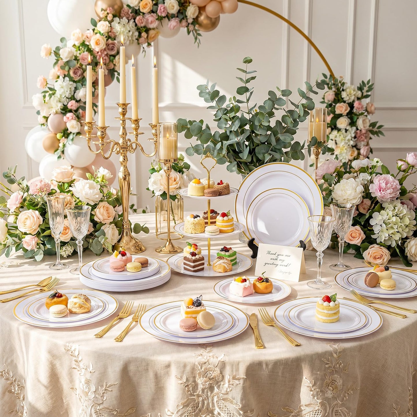 I00000 102 Pieces Gold Plastic Plates, Disposable Party Plates White Gold Rim, 51 Disposable Gold Dinner Plates 10.25 Inch and 51 Disposable Dessert Appetizer Elegant Fancy Wedding Plates 7.5 Inch