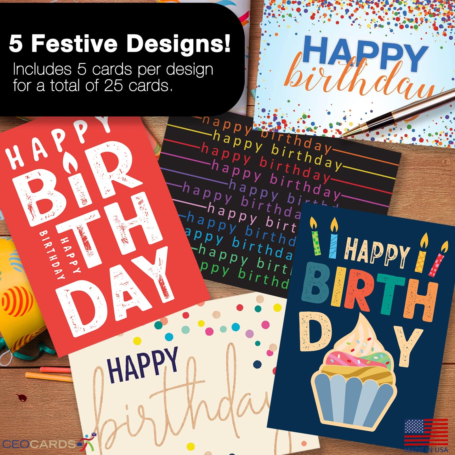 Happy Birthday Cards with Envelopes (25 Variety Pack – 5 Designs) Creative Bulk Birthday Card Set for Family & Business (5x7 inch – A7) Office, Work, Coworkers, Employees, Clients (VP2410) Made in USA