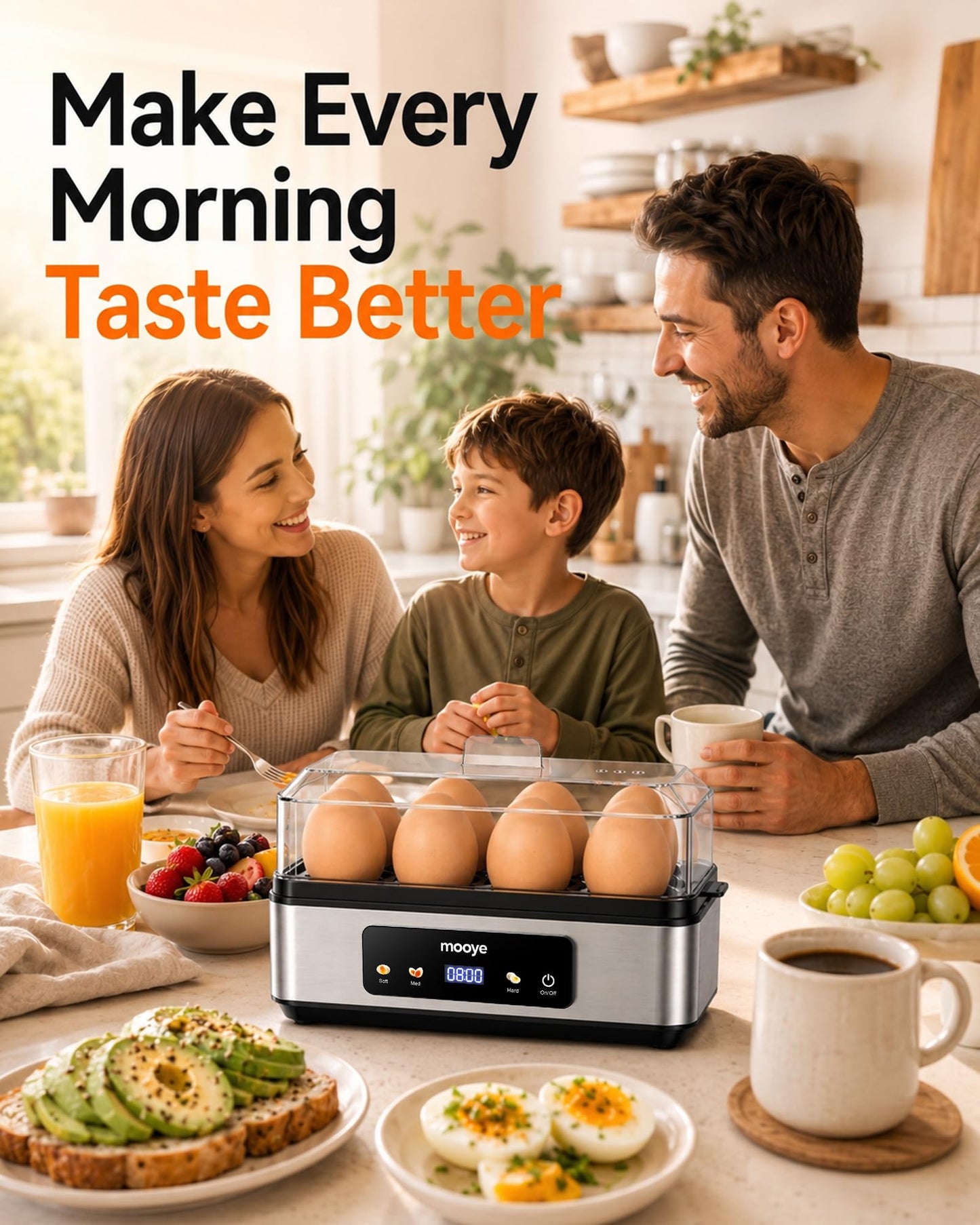 Mooye Rapid Egg Cooker for Hard Boiled Eggs, Electric Egg Steamer 3 IN 1 Soft Medium Hard Boiled, Egg Maker with Auto Shut-Off, Egg Boiler for Kitchen Breakfast & Fitness, BPA-Free, Holds 8 Eggs