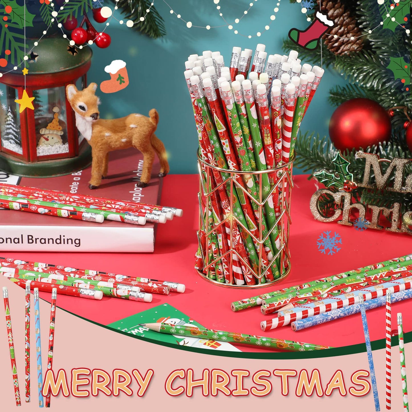Yexiya 360 Pcs Christmas Pencils with Eraser Xmas Wood Pencils Snowman Santa Claus Christmas Tree Snowflakes Candy Assortment Xmas Stationery Pencil Office Party Favors