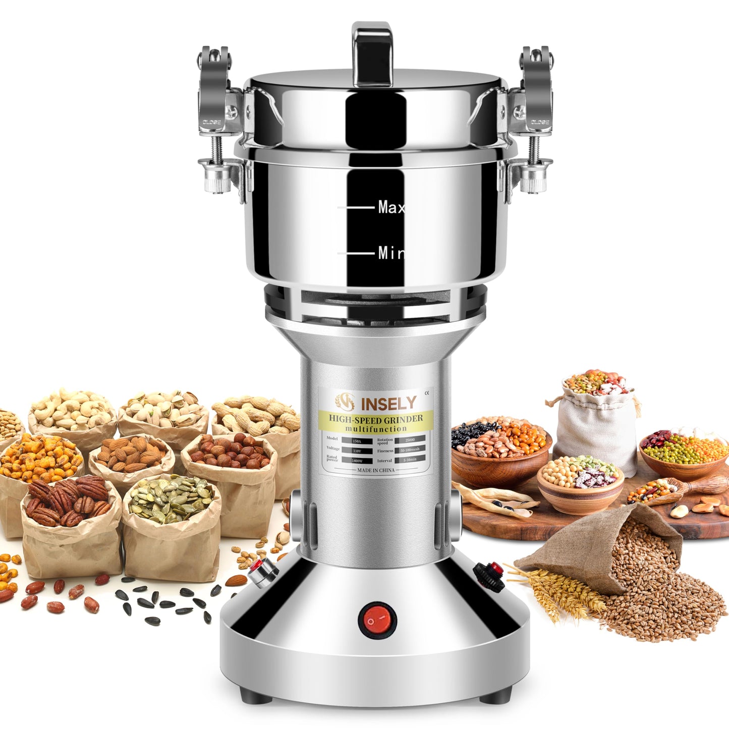 INSELY Grain Mill 150g, flour mill grinder for home, Electric Stainless Steel Grain Grinder for Wheat, Spices, coffee,Corn and Other Dry Food Grinders for Kitchen