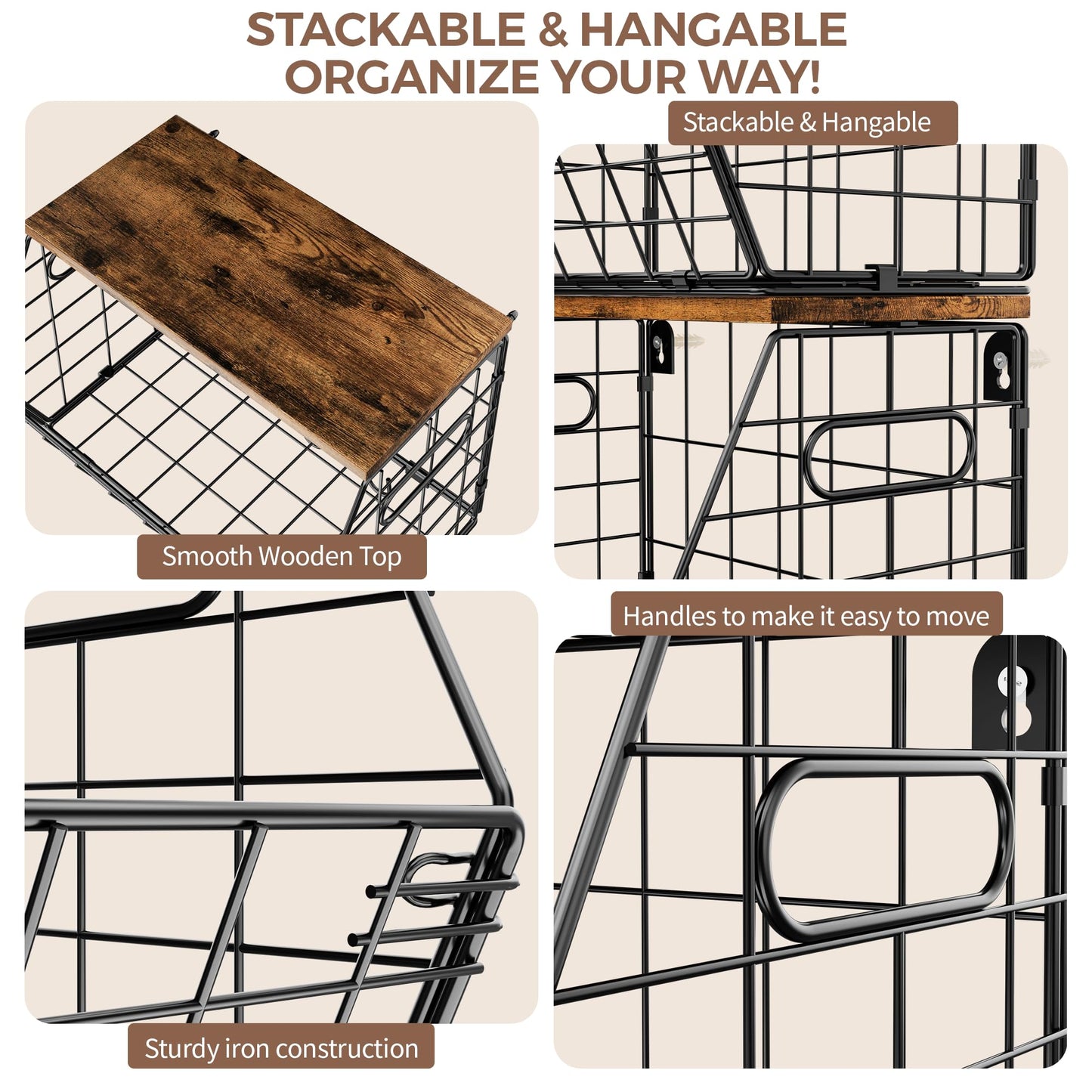 Delamu Stackable Metal Fruit Basket with Wood Lid 3 Pack, Hanging Wall Organizer for Kitchen Counter, Pantry Storage for Onions, Potatoes, Garli, Fruits, Spices, Black
