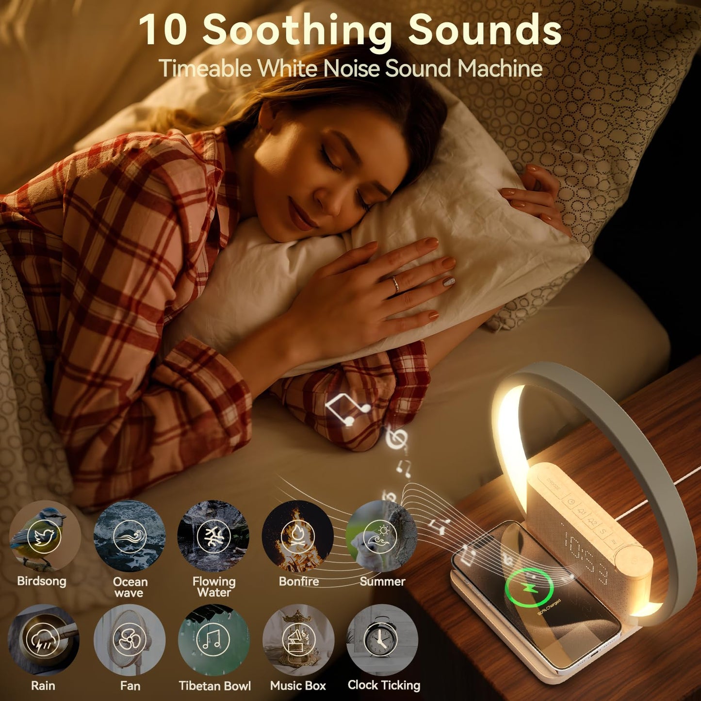 Vivilumens Sunrise Alarm Clock Wireless Charger, 10 White Noise Sound Machine Alarm Clock with 30/60/90 Mins Timer, 3 Levels Touch Night Light Dual Clocks for Heavy Sleeper Bedroom Decor Gift for Her