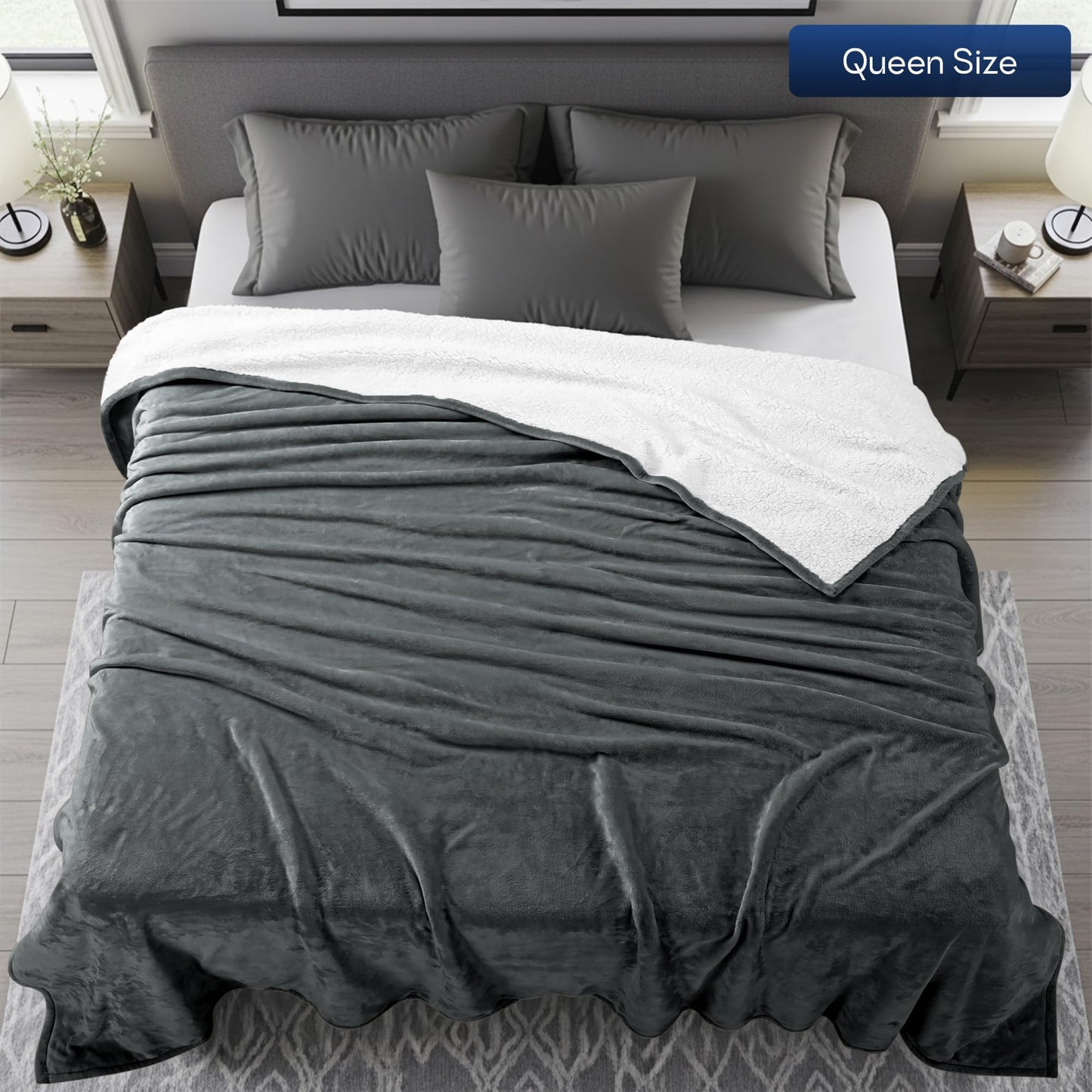 Utopia Bedding Sherpa Blanket Queen Size (Grey, 90x90 Inches) - Soft Warm Plush Fleece Reversible Blanket for Bed, Sofa, Couch, Camping and Travel
