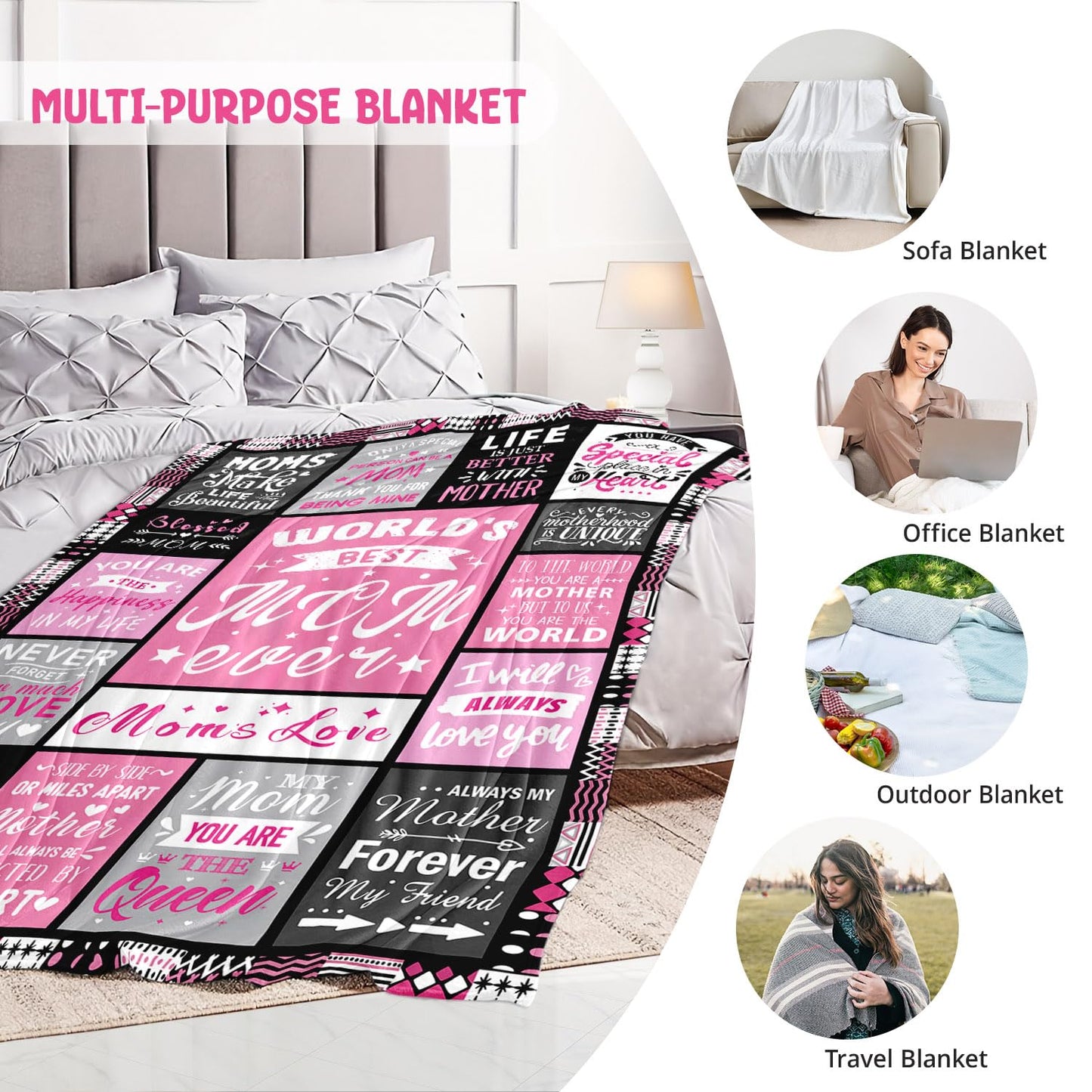 PVDSAVE Moms Birthday Gifts from Daughter Son - Blanket Gifts for Mom - World's Best Mom Ever Gifts - Christmas Valentines Day Mothers Day Birthday Present for Moms - Mother Life Blanket 50"x60"