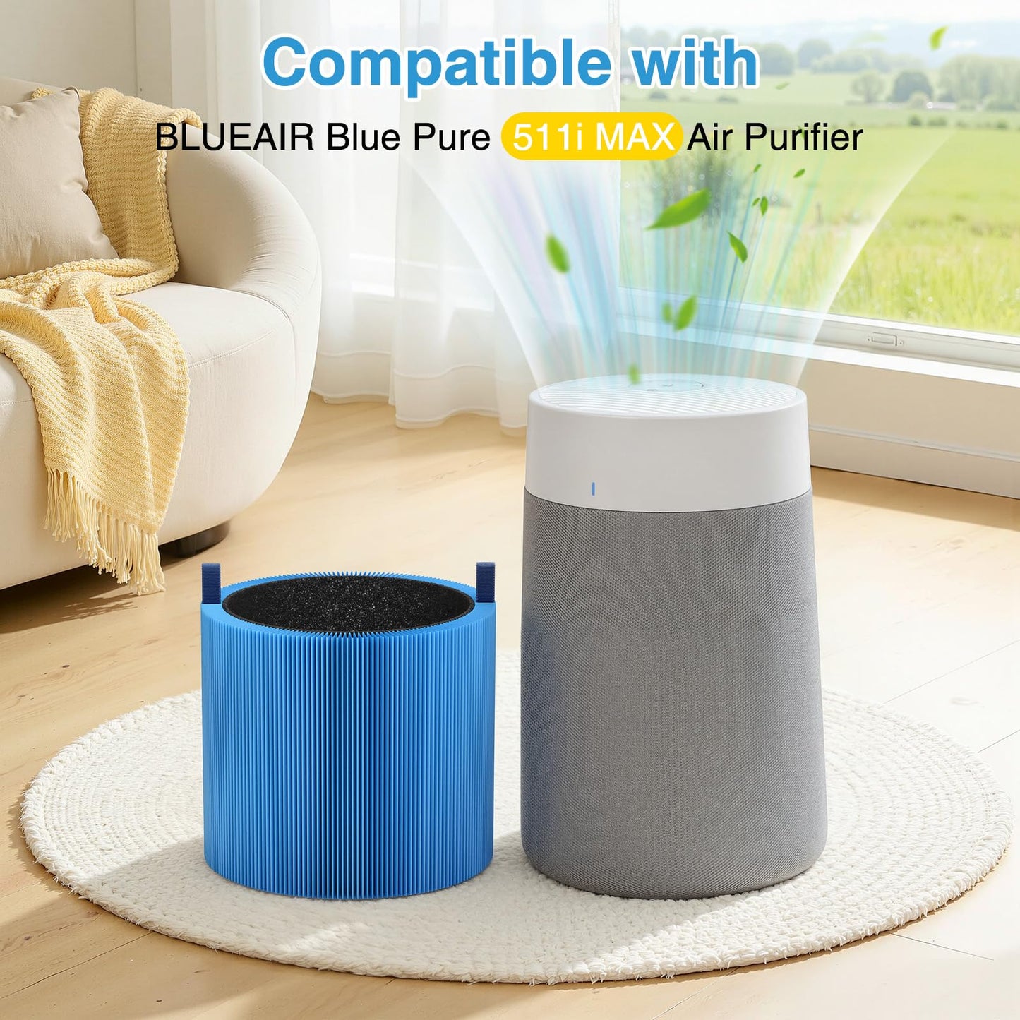 2-pack 511i MAX A11ergenBlock Replacement Filter Compatible with BLUEAIR HEPASilent Air Cleaner, Blue Pure F5MAX, Model Blue Pure 511i Max, BLUE