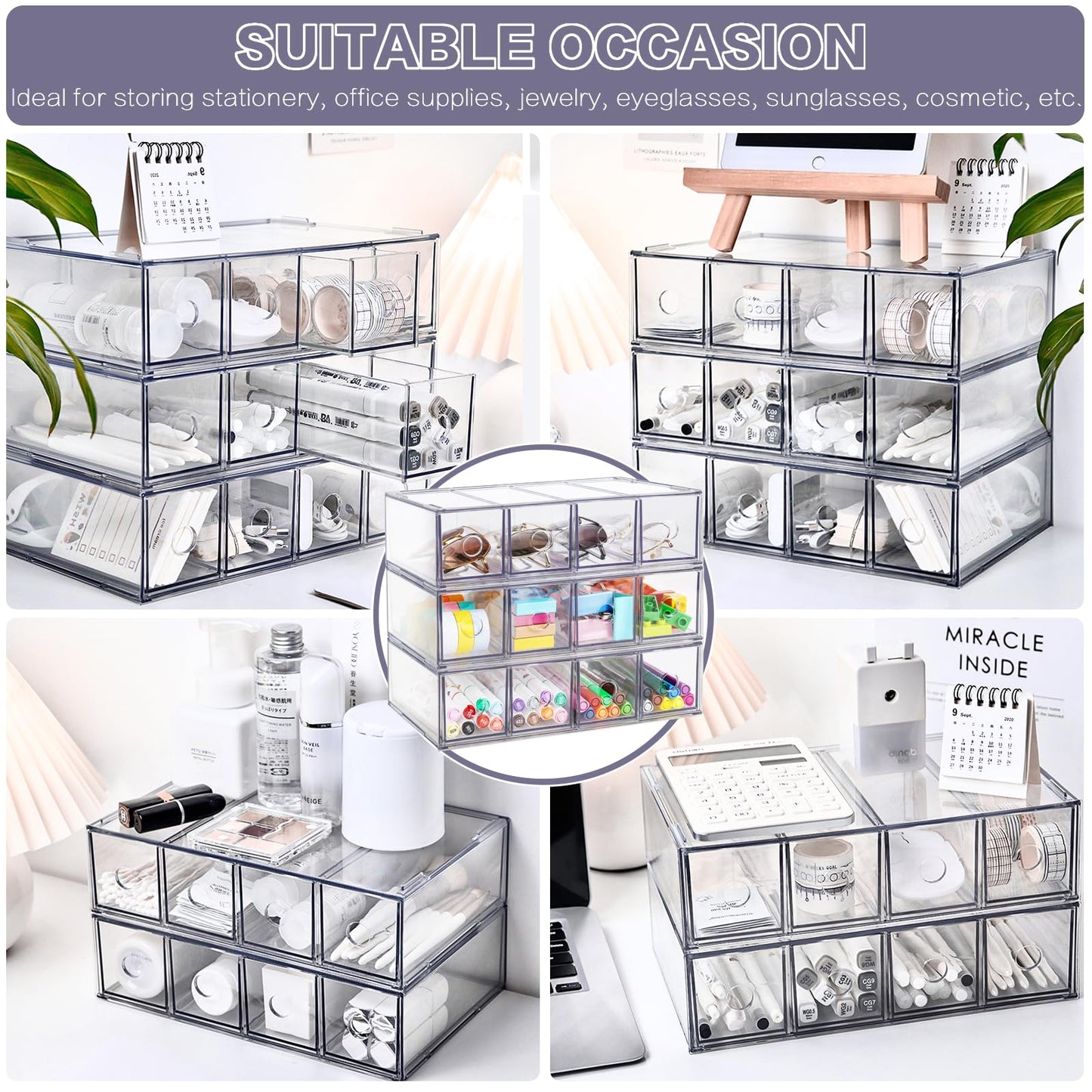 Desk Organizer with 12 Drawers, FODIENS 3 Packs Stackable Desktop Storage Box with Removable Drawer, Clear Sunglasses Organizer Display Case for Stationery Marker Pens Eyeglasses Office Supply