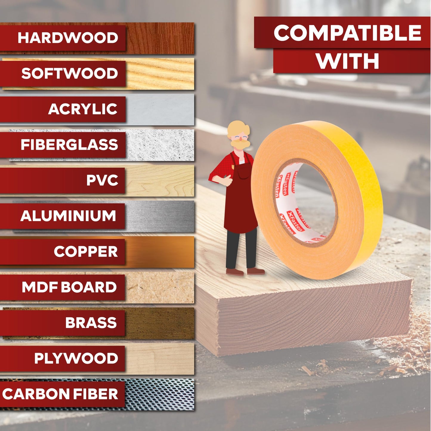 XFasten Double Sided Woodworking Tape, 1 Inch x 108 ft (6-Pack, 648 ft Total), Residue-Free, Heavy Duty, Wood-Safe Double Sided Tape for Router Templates, CNC Machines, and Woodworking Tools