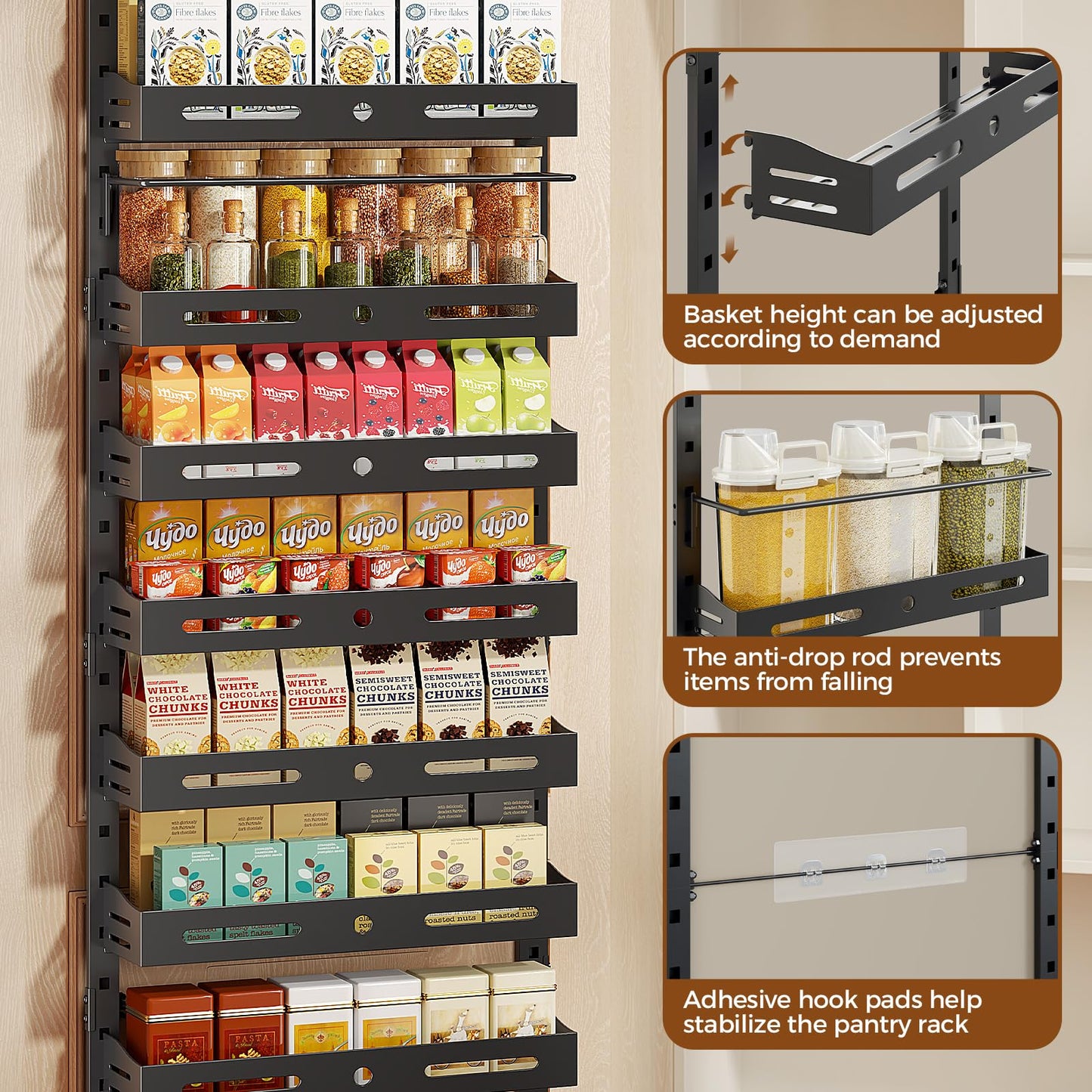 Freexployer 8-Tier Over The Door Pantry Organizer, Large 2 IN 1 Wall Mount or Hanging Spice Rack, Pantry Door Organizer and Storage with Adjustable Basket, Door Spice Rack for Pantry, Black