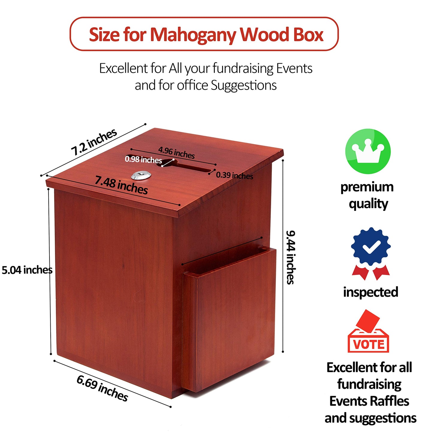 Wood Charity Donation collection Box Office suggestion Ballot Box With wide slot for envelopes and suggestion comment forms, side Pocket and Locking Hinged Lid & Pen for Table Or Counter-top(Mahogany)