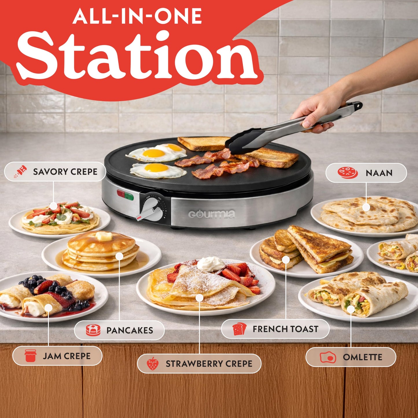 Gourmia 12” Crepe Maker – Nonstick Electric Griddle for Pancakes, Omelets & More, Precise Temp Control with Indicator Lights, Includes Spatula & Batter Spreader, Quick Cleanup, Stainless Steel Trim