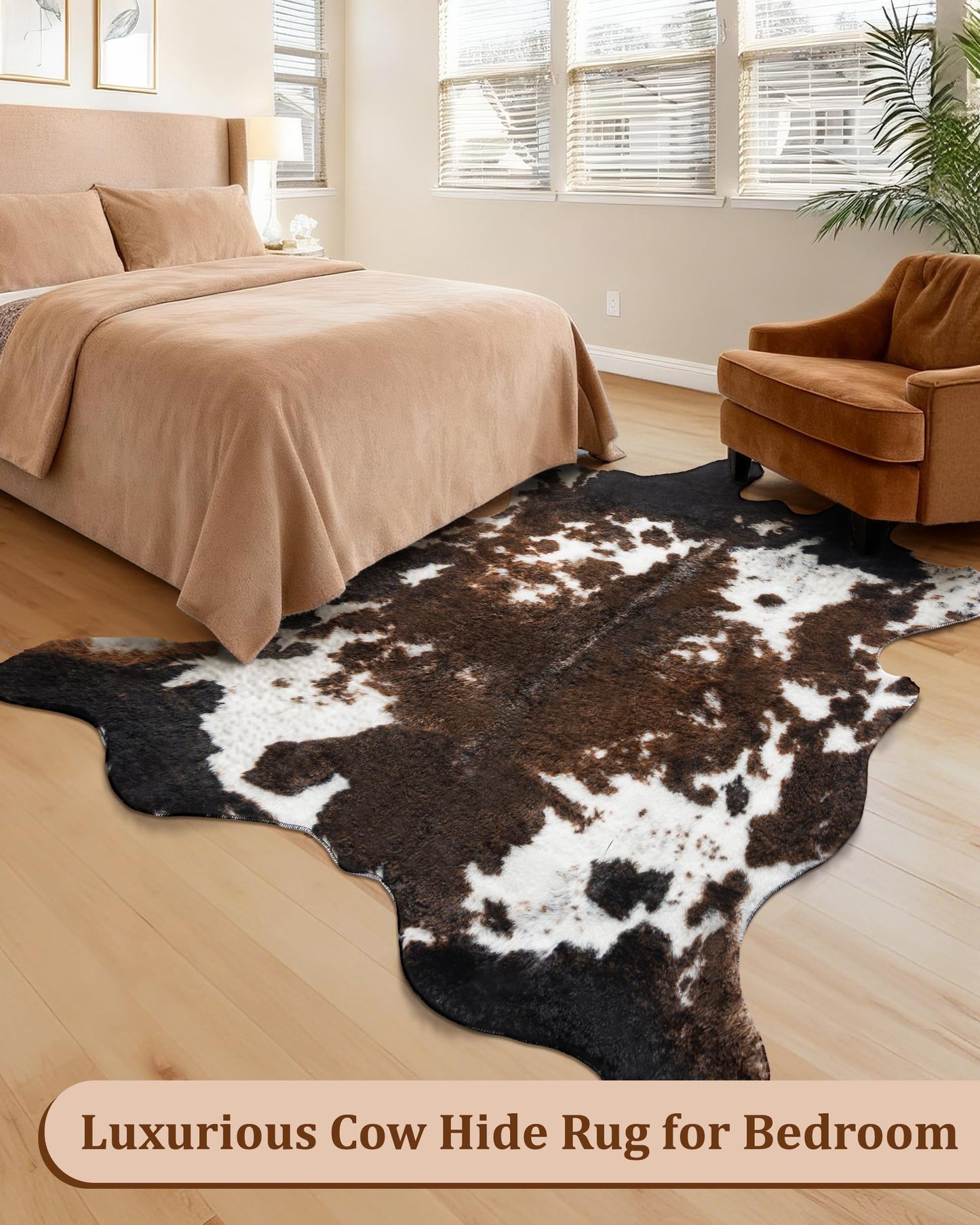 WMT NVMTER Faux Cowhide Rug, Fluffy Fur 4.6x5.2 Feet Washable Cow Print Rug for Living Room Bedroom Animal Print Hide Skin Rustic Western Décor Black and Brown