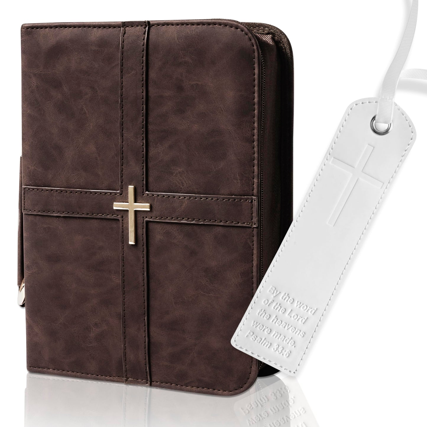 Bible Cover (U.S. Patent Pending), Discreet & Elegant Bible Case, Brown PU Leather Bible Cover, Cross Design Bible Bags, Strong and Sturdy Book Case, Includes Premium Bookmark