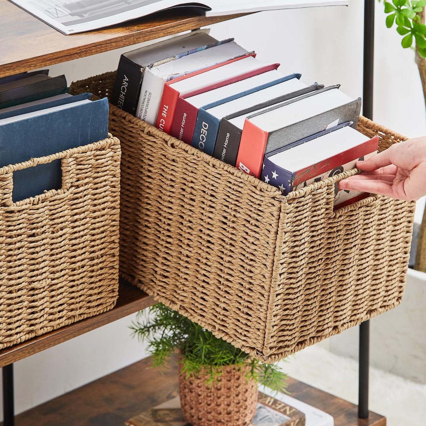 Vagusicc Wicker Storage Basket, Set of 2 Hand-Woven Paper Rope Wicker Basket, Small Storage Baskets for Organizing Toilet Paper Basket, Foldable Large Cube Storage Organizer Bins for Shelves (Natural)
