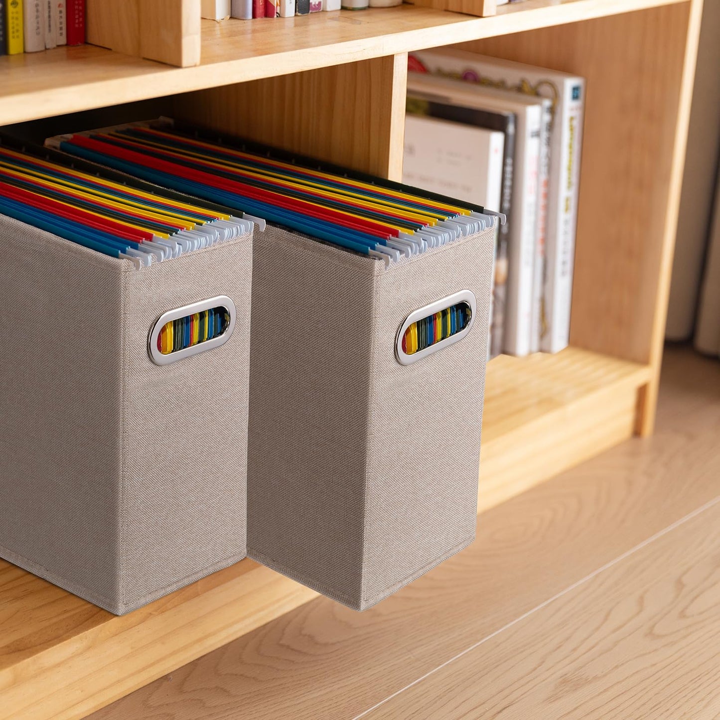 ComfortKeeper 6 Pack Letter Size File Storage Box Collapsible，Fabric Hanging File Folders Organizer, Portable Office Document Holder with Metal Handle, Smooth PVC Rails, Beige