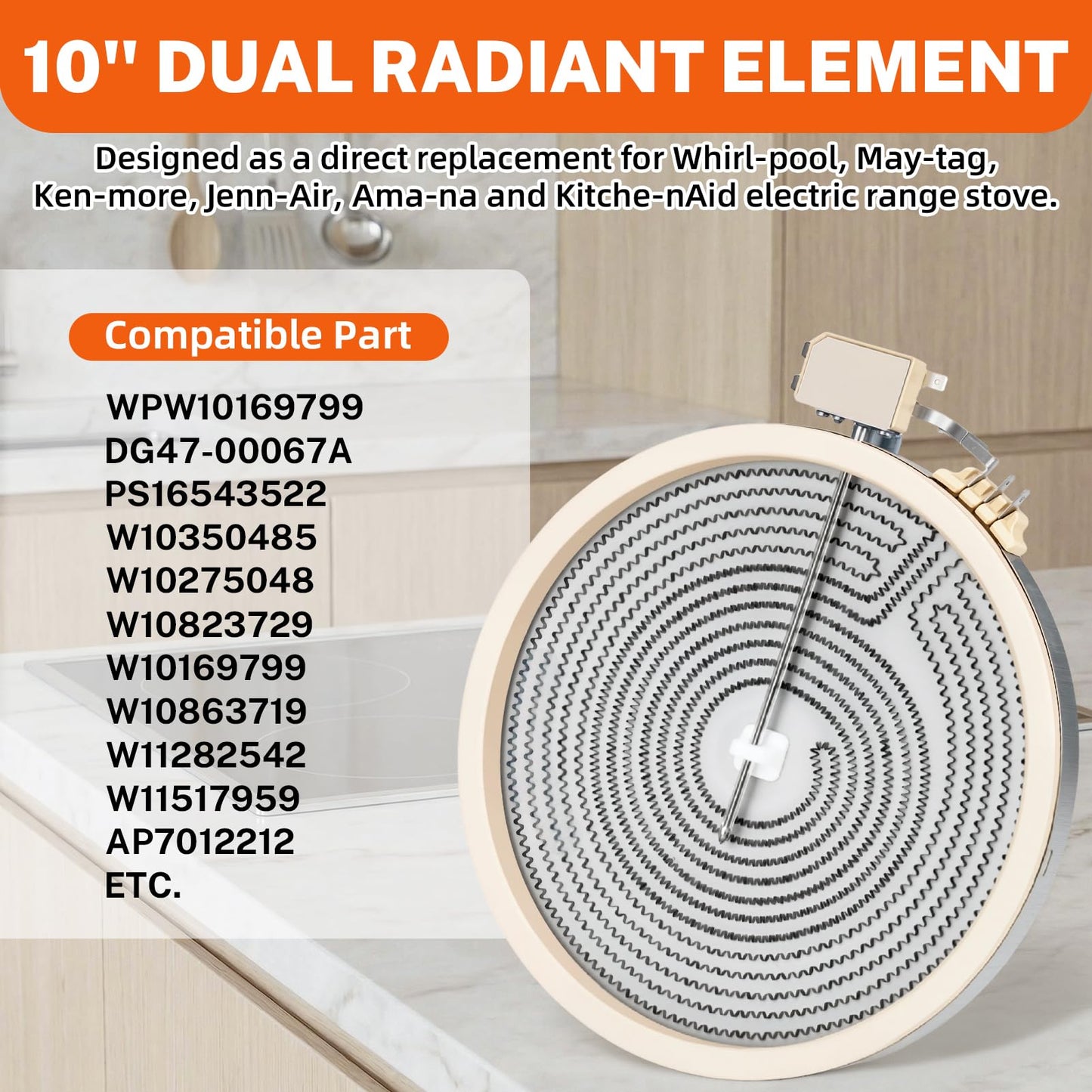Upgraded W11517959 10-In Dual Range Radiant Surface Element Compatible with Whirlpool Ken-more May-tag Electric Range, W10275048 Dual Surface Burner Element Replaces W10169799 W10823729