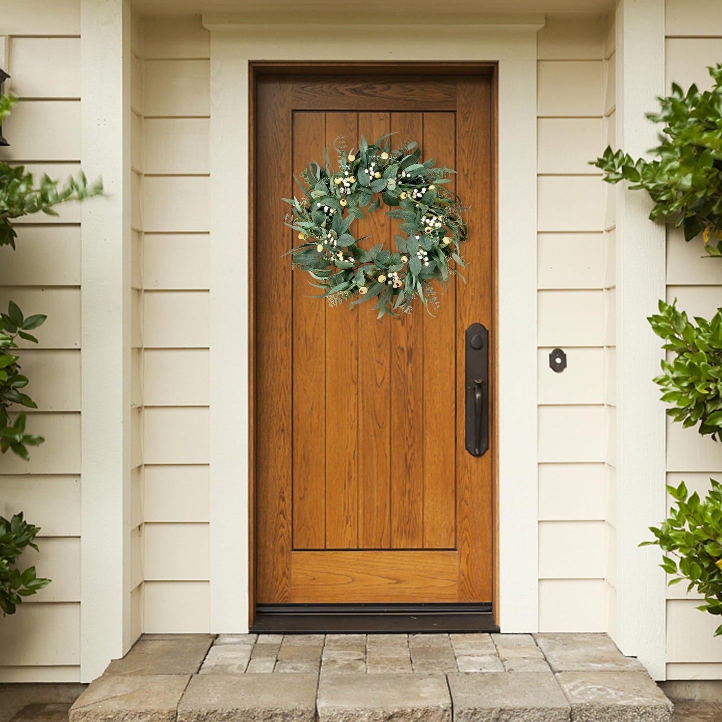 Sggvecsy Artificial Eucalyptus Wreath - 21 Inch Greenery Wreath with Green Leaves and Mixed White Berries for Spring/Summer Home Decor