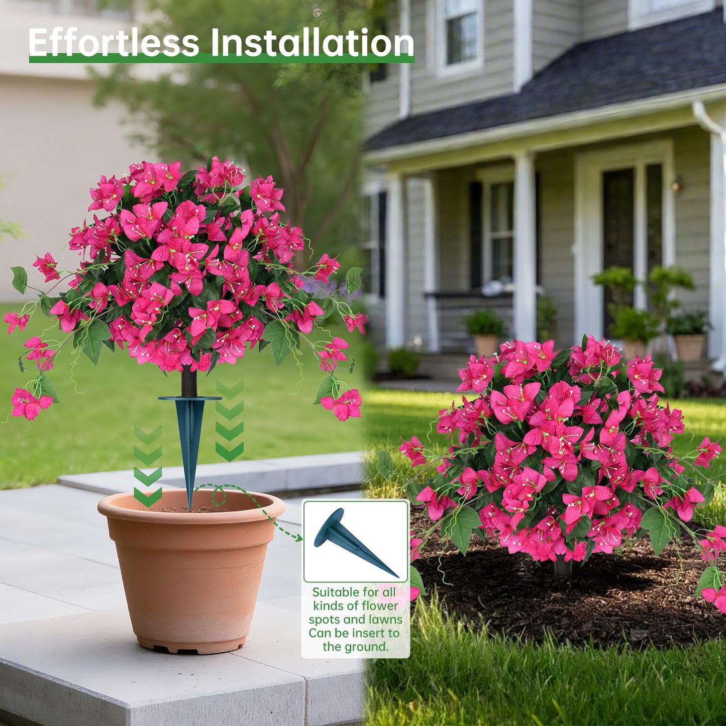 Artificial Bougainvillea Topiary Trees Set of 2, Pink Fake Shrubs Bushes with Ground Spike, Faux Evergreen for Porch Plants, UV Resistant Artificial Flowers for Outdoors Indoor Front Garden