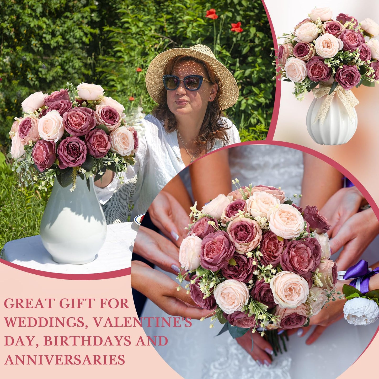 Geosar 8 Bundles Artificial Peonies Flowers Fake Silk Peony Bouquet Faux Peonies Flowers Bulk for Decoration Vase Floral Arrangements Wedding Party Table (Dusty Pink,Dusty Rose)