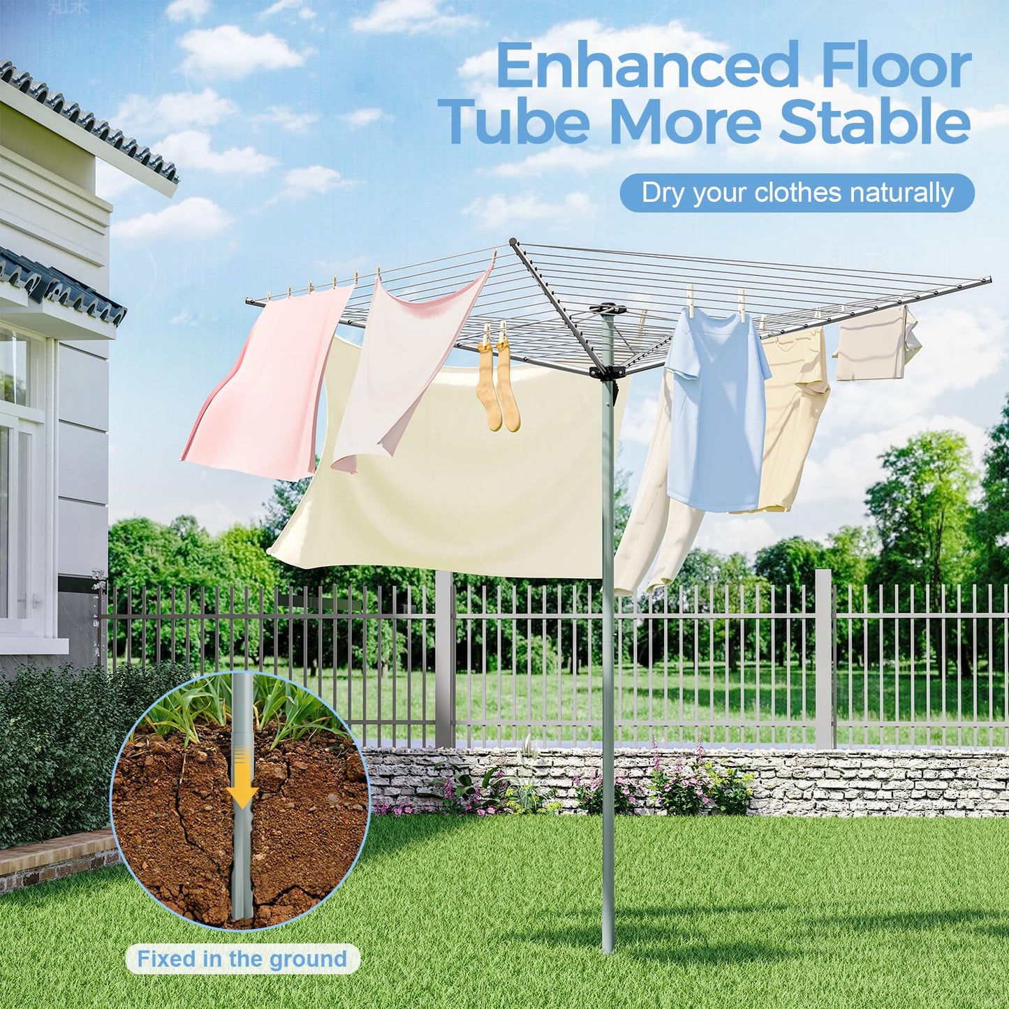 APEXCHASER Outdoor Umbrella Clothes Drying Rack, 164FT Metal Laundry Drying Rack, 4-Arms Rotary, Collapsible Clothesline for Lawn, Garden,Backyard, 67.52" H