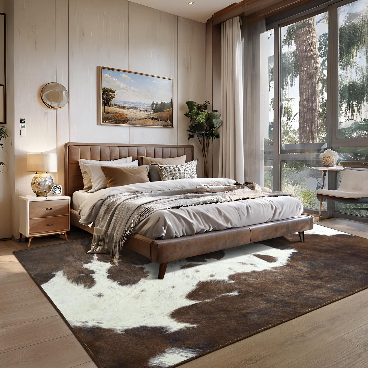 Foxmas Cow Print Rugs for Living Room Bedroom, 5x7 Washable Non-Slip Low Pile Indoor Floor Rug, Carpet for Dining Room Kitchen Office Western Home Decor, Brown