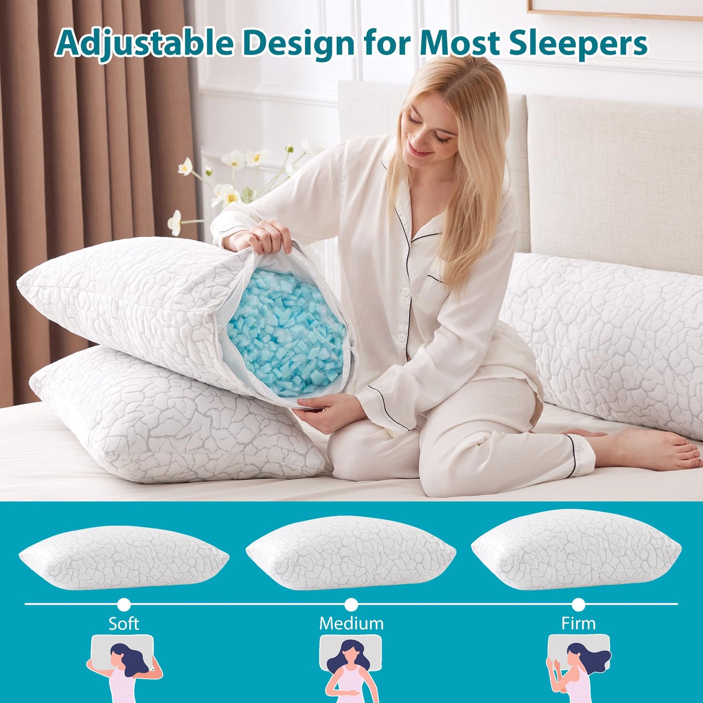WGAKCED Cooling Pillows for Sleeping 2 Pack, Adjustable Shredded Memory Foam Pillows Queen Size Set of 2, Firm Bed Pillows for Side Back Stomach Hot Sleepers, Cold Pillow with Removable Washable Cover
