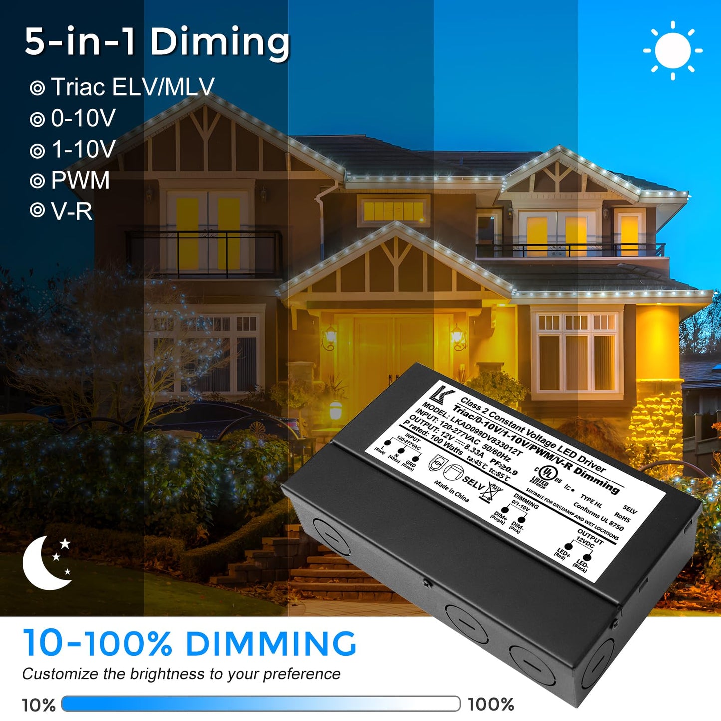 12V 100W Dimmable LED Driver, 5-in-1 Triac/ELV/MLV/0-10V/1-10V/PWM/V-R Dimming AC to DC Power Supply, IP67 Waterproof LED Transformer, UL Listed, Compatible with Lutron & Leviton Dimmer
