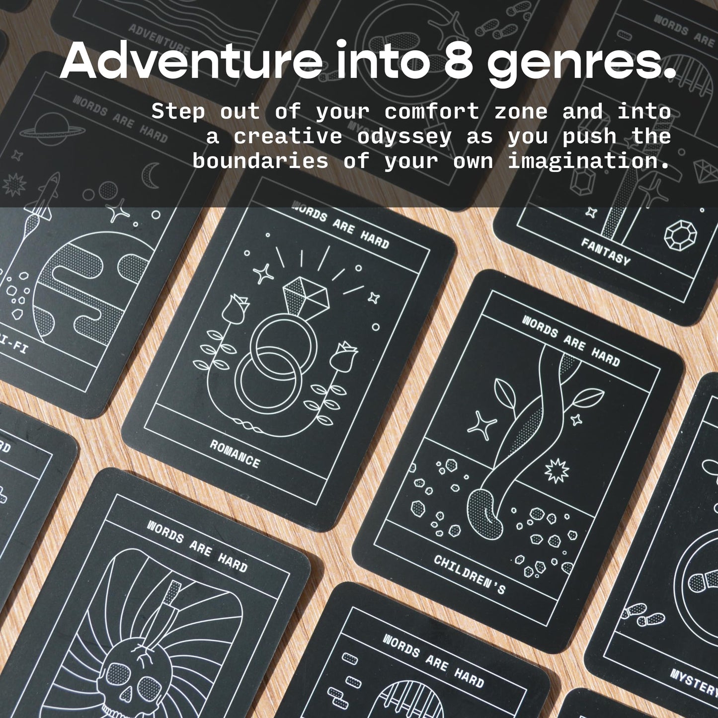 Astrohaus Freewrite Words are Hard Writing Prompt Deck | 150 Creative Writing Prompts for 8 Genres | Gifts for Writers with Inspiring Illustrations | Storytelling Cards with a Custom Wooden Stand