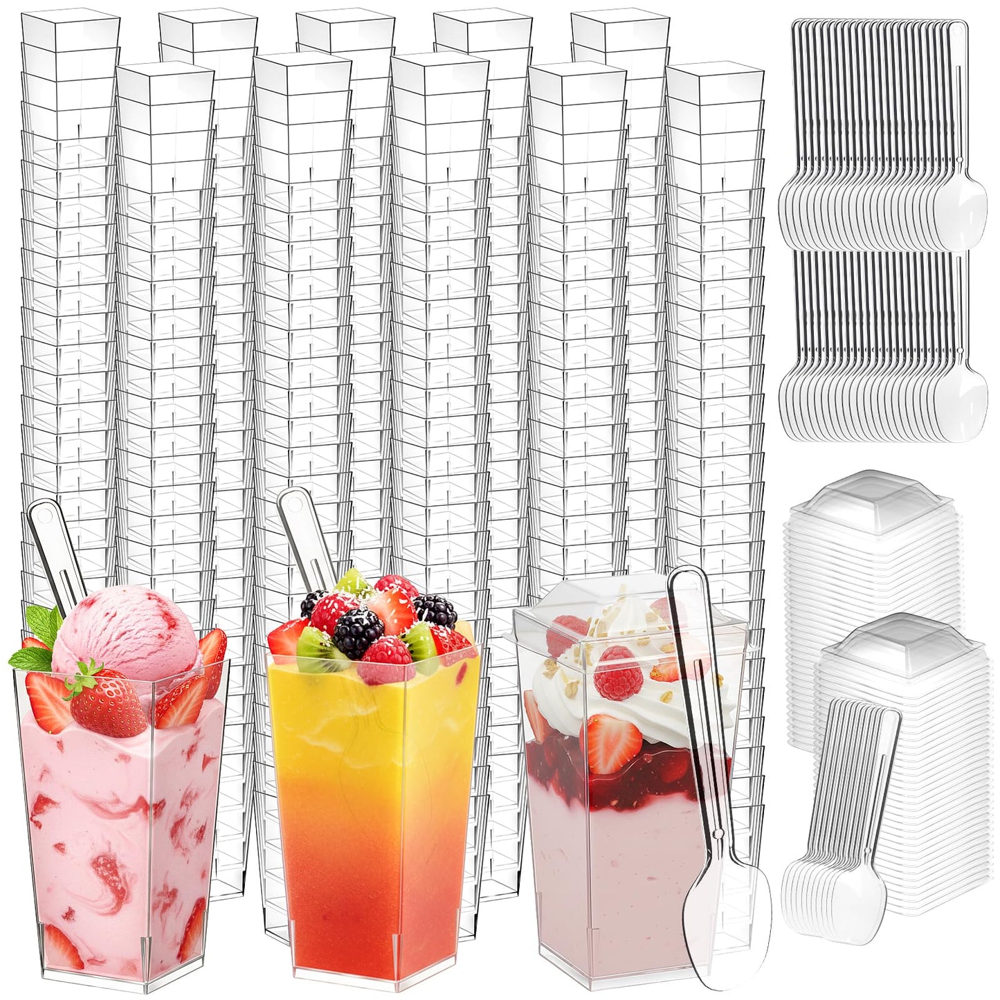 LifeIdeas 600 Pcs 3 Oz Mini Dessert Cups with Lids and Spoons, Reusable Square Appetizer, Parfait, and Shooters Cups for Parties, Ideal for Ice Cream, Fruit, Pudding, and Cake