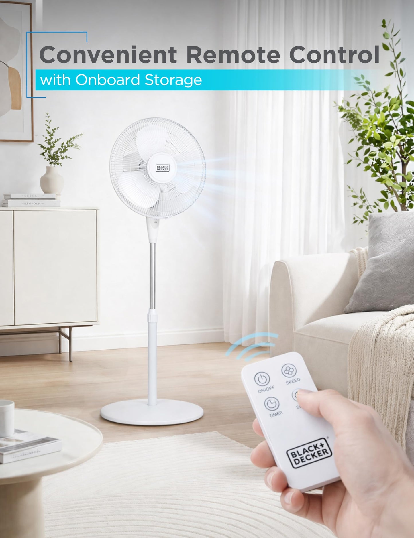 BLACK+DECKER 16" Standing Oscillating Pedestal Fan with Remote, 90-Degree Oscillation, 3 Speed Settings, Adjustable Height, Timer, 30-Degree Tilt, BFSR16W, White