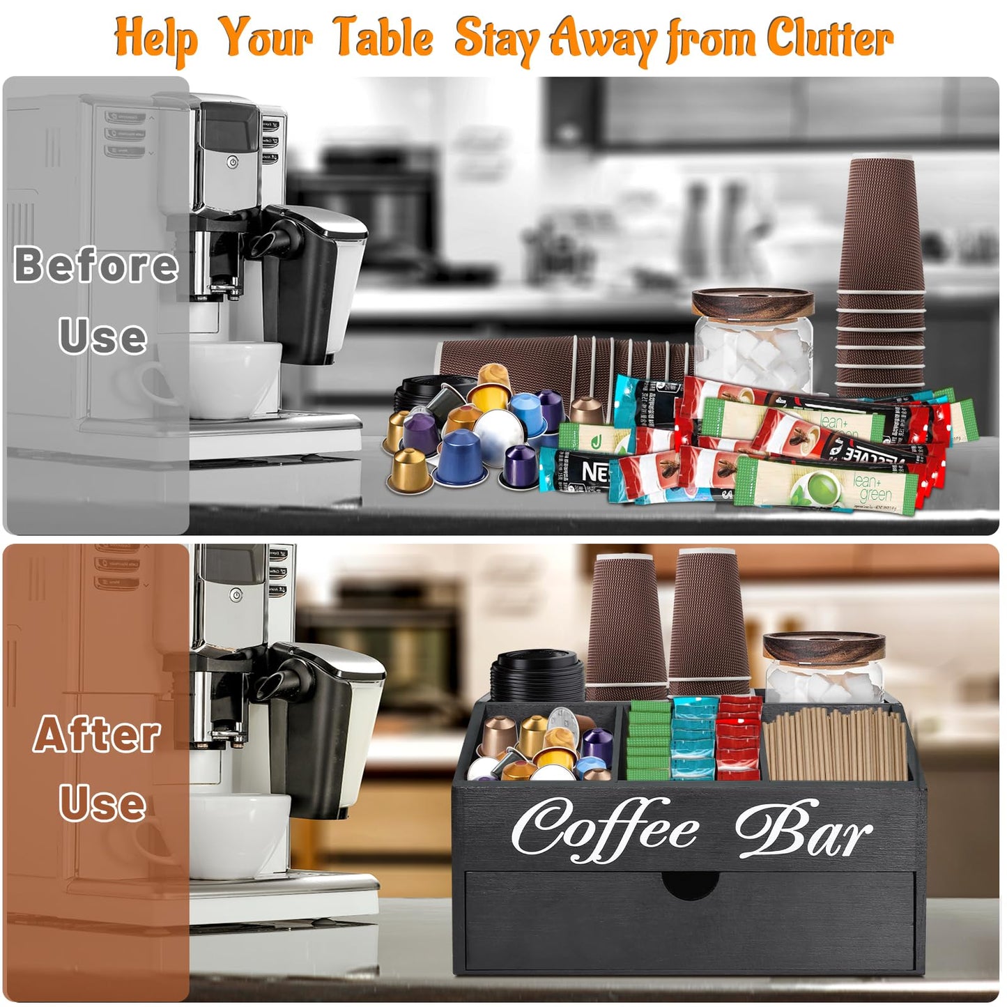 Coffee Bar Organizer Countertop, Wooden Bar Accessories With Drawer, Coffee Station Organizer Pods Holder Storage Basket, Farmhouse Tea Condiment Station